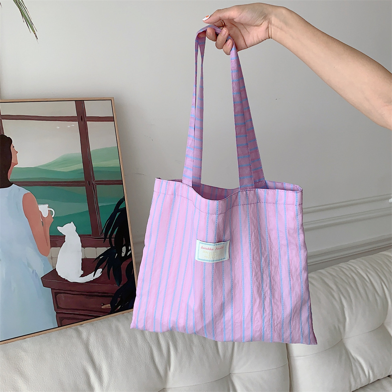 Women's Daily Working Striped Canvas Bag 4