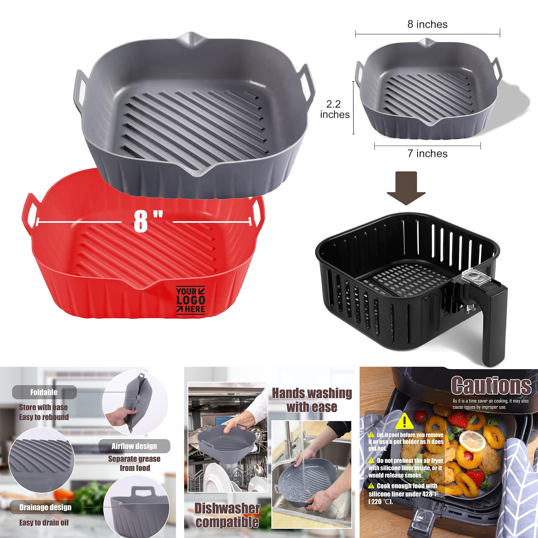 Square Silicone Liner 8 Inch Air Fryer Non-stick Food-grade Reusable Baking Tray