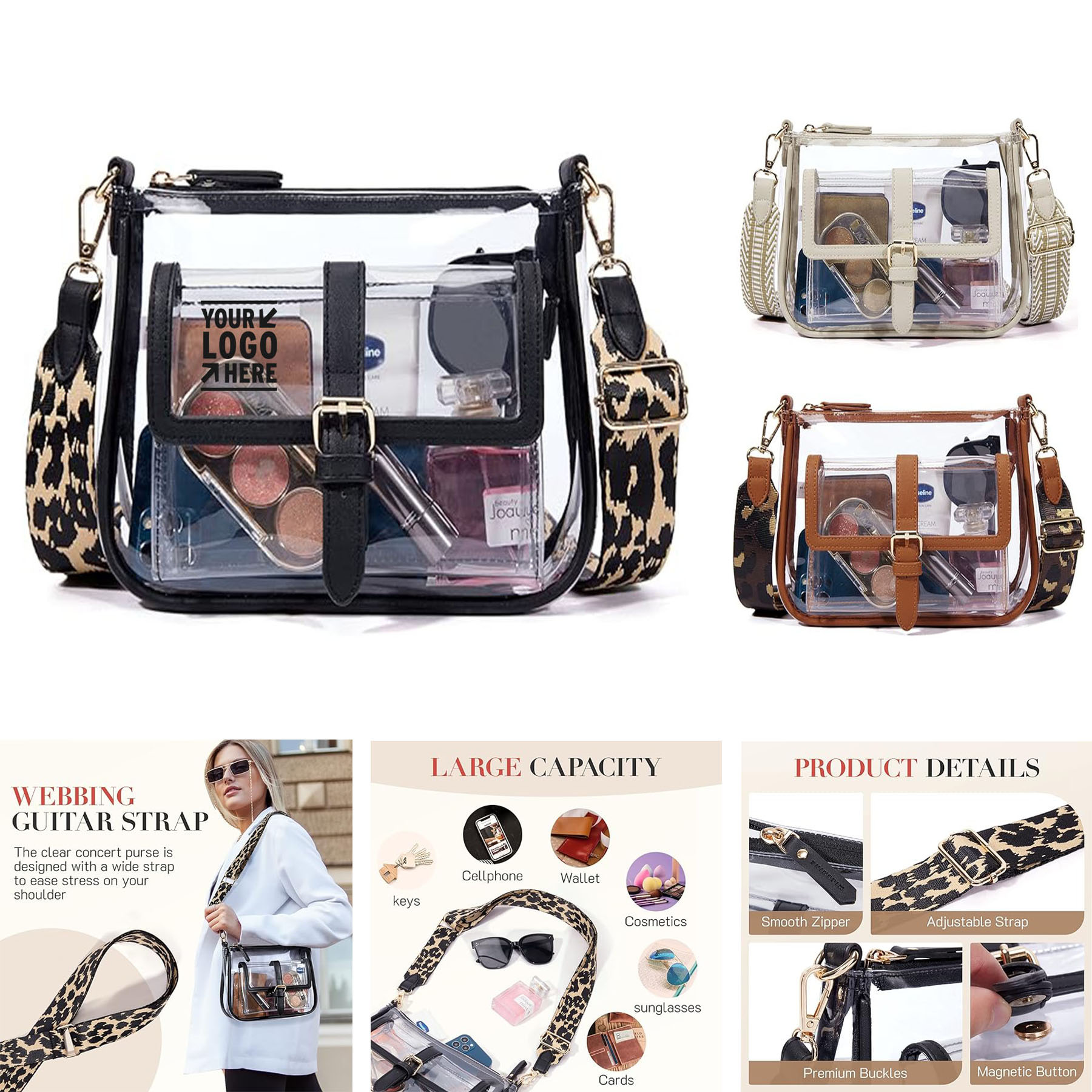 Women Clear Bag Stadium Approved PVC Transparent Sport Crossbody Purse with Guitar Strap 2