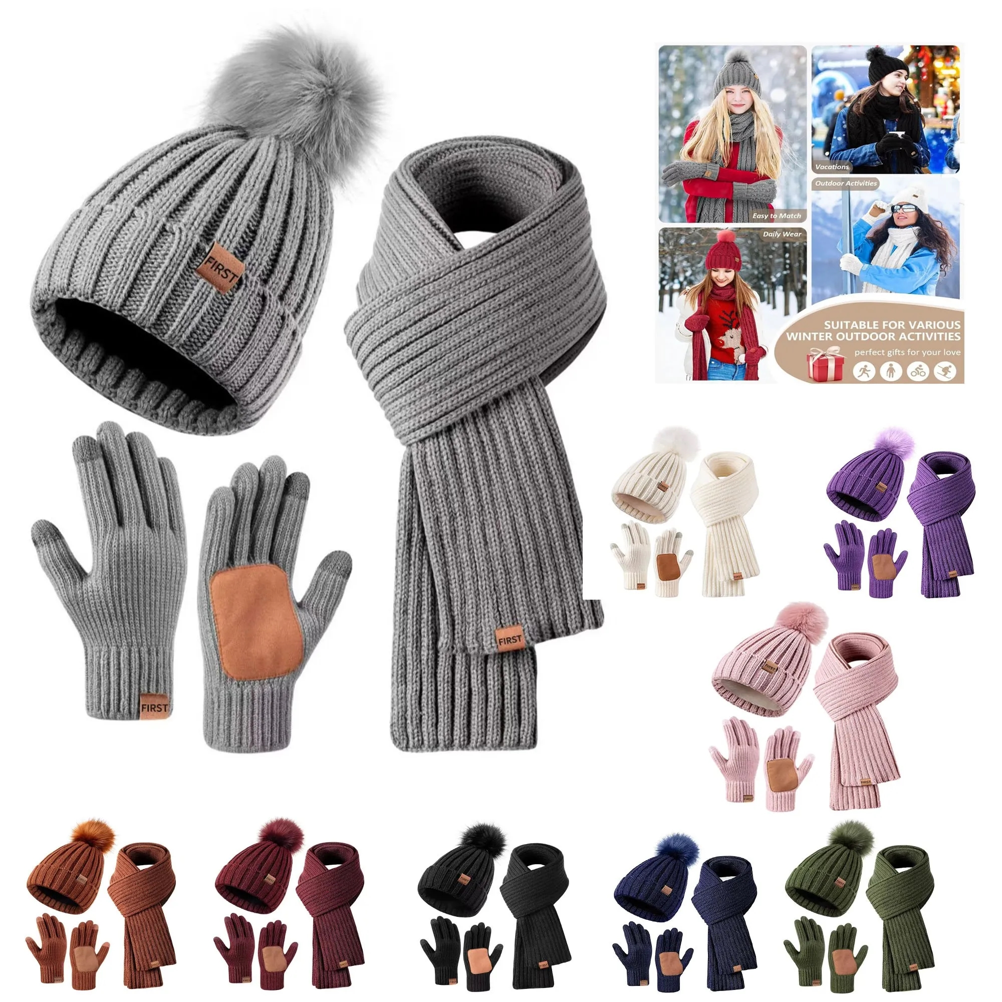Woman Winter Beanie Hat Scarf Gloves Set 1