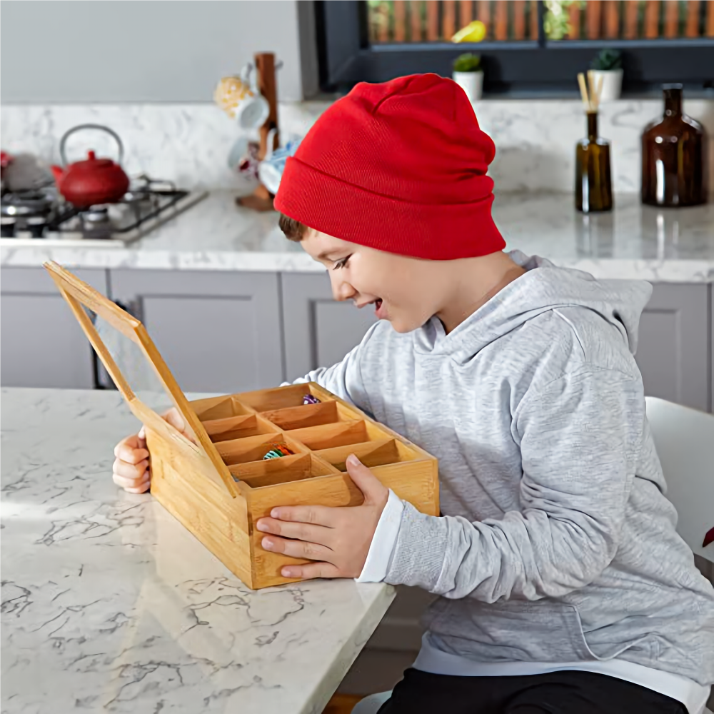 Bamboo Tea Box with 8 Compartments, 12.5" X 7.5" X 3.5" 3