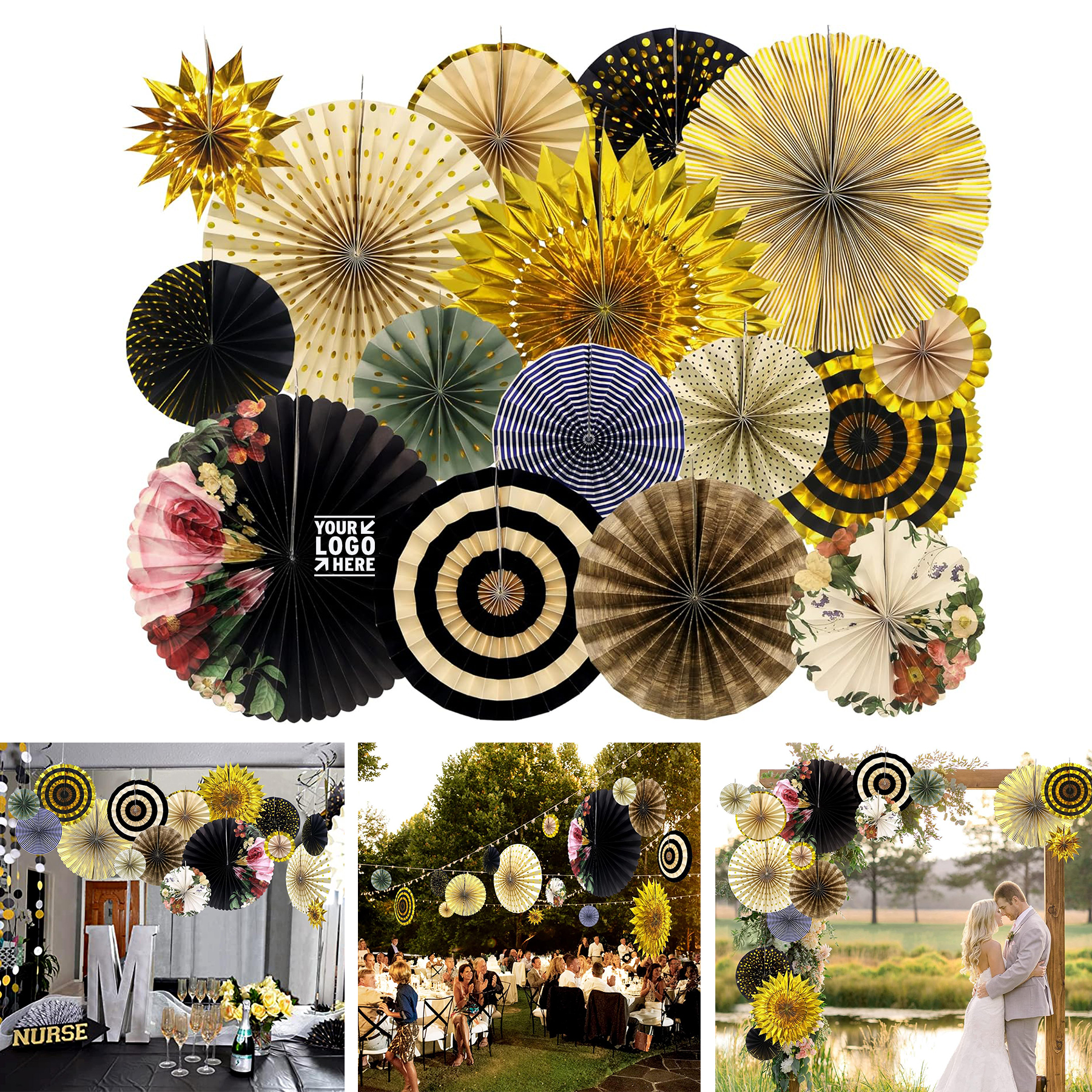 Party Hanging Paper Fans Set Black Gold Round Pattern Garlands Decoration 2