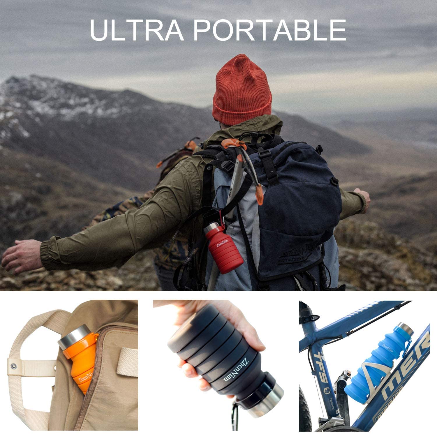 18 OZ Silicone Squeezed Adjustable Foldable Collapsible Water Bottles/Carabiner 7