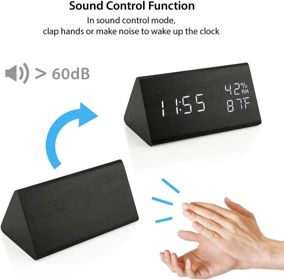 Wooden LED Alarm Clock With Voice Control And Temp Display 6