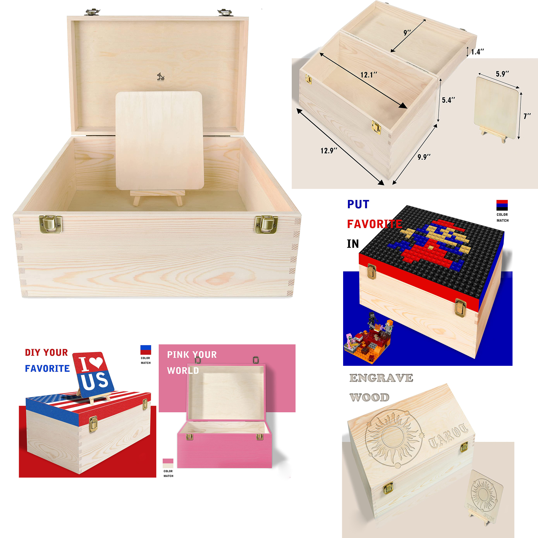 2.9x 9.9 x 6.8 Inches Unfinished Wood Box with Hinged Lid