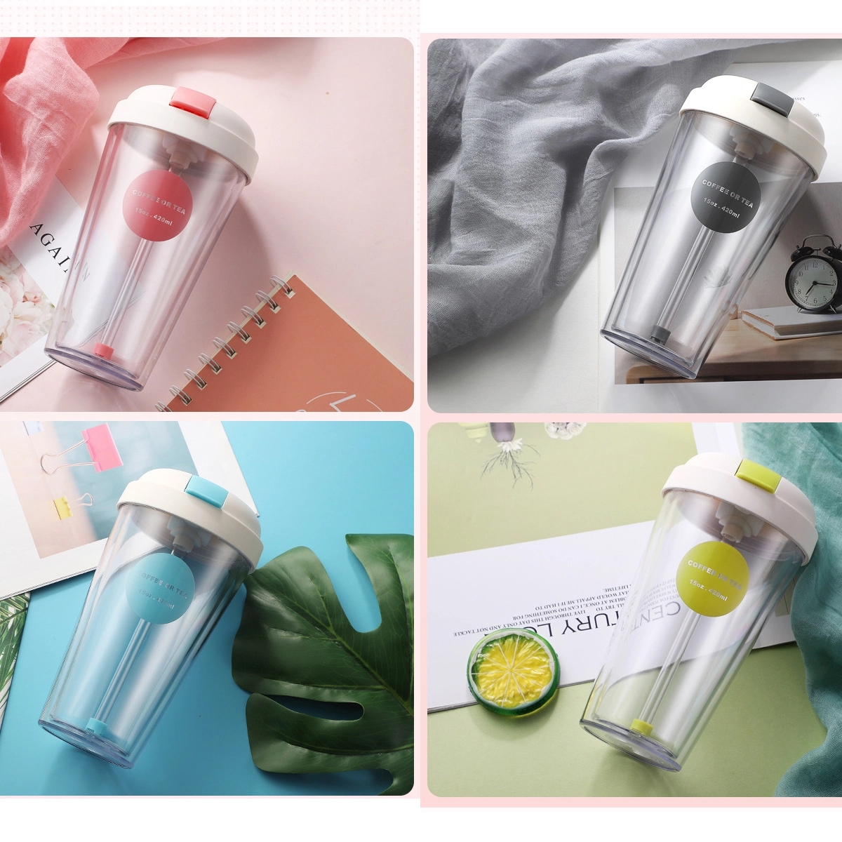 15Oz Reusable Double Plastic Flip Tumbler Cup With Straw 3