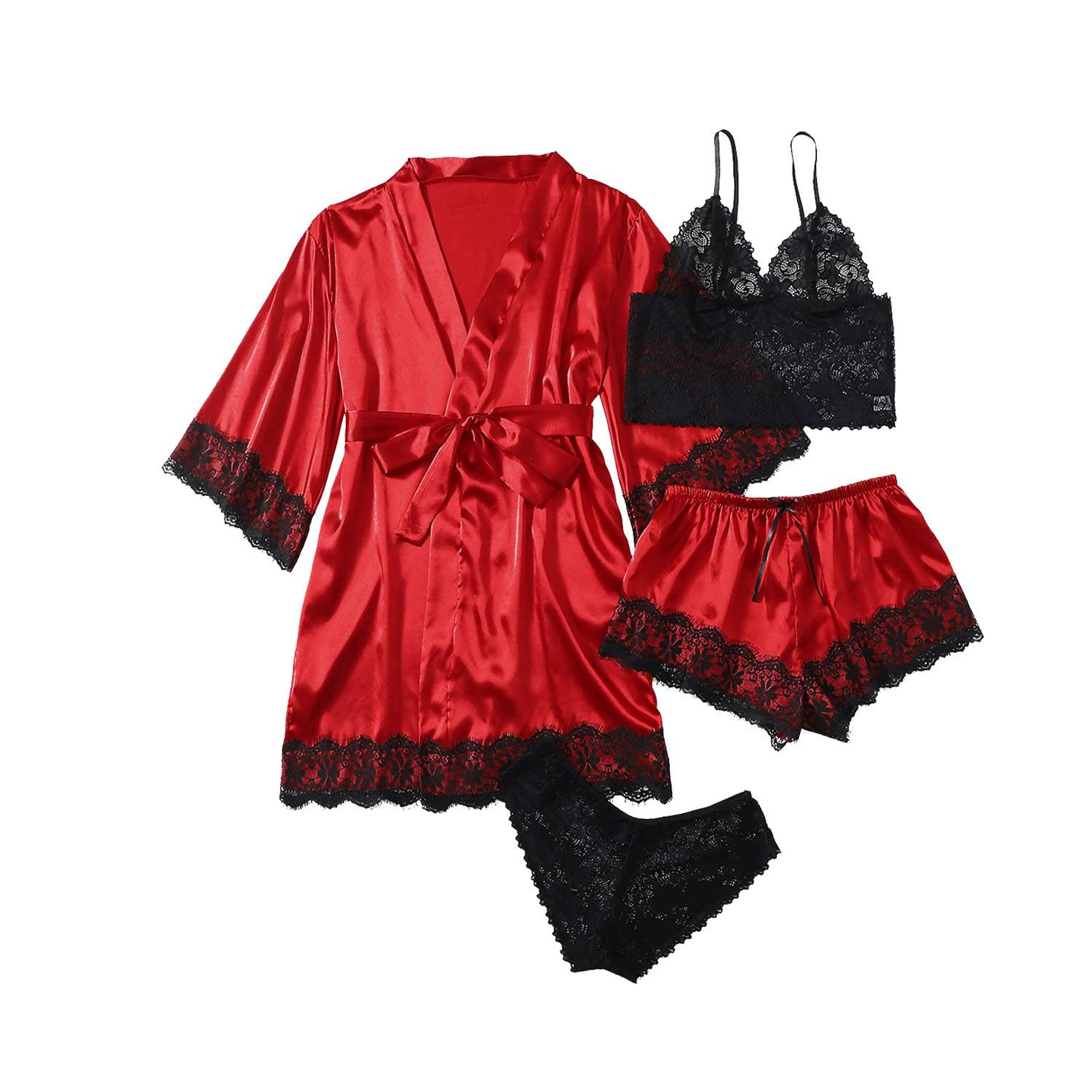 4-Piece Women Silk Soft Lace Satin Pajama Set w/ Robe 5