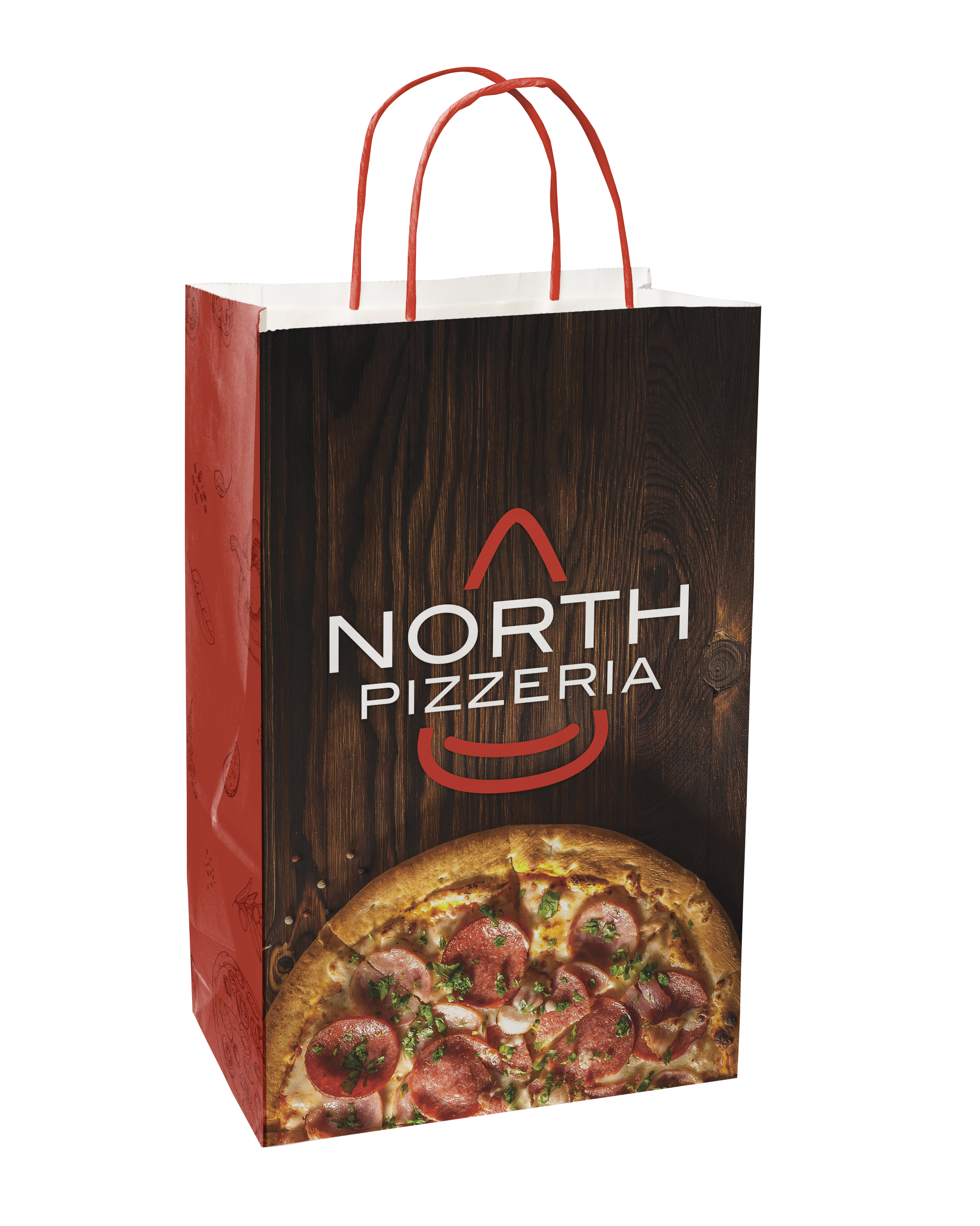Multi-sided Full Color White Shopper Paper Bag - Red Handle (8.5" x 13.375" x 5")