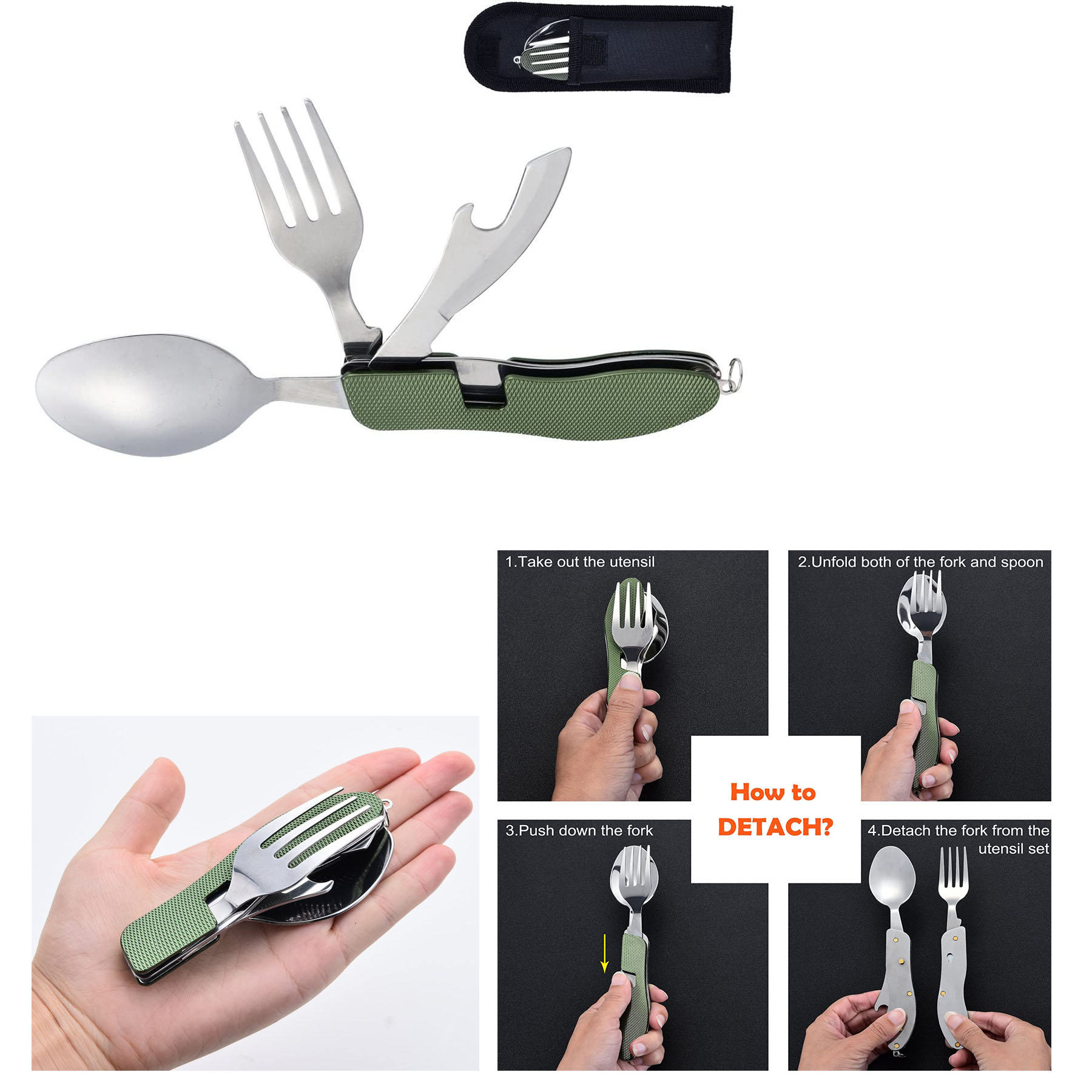 3-IN-1 Camping Utensil Stainless Steel Fork Spoon Knife Bottle Opener Set 2