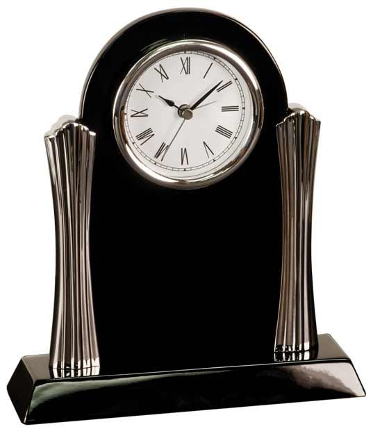 8 1/4" x 7 1/2" Black Piano Finish Clock with Silver Columns 2