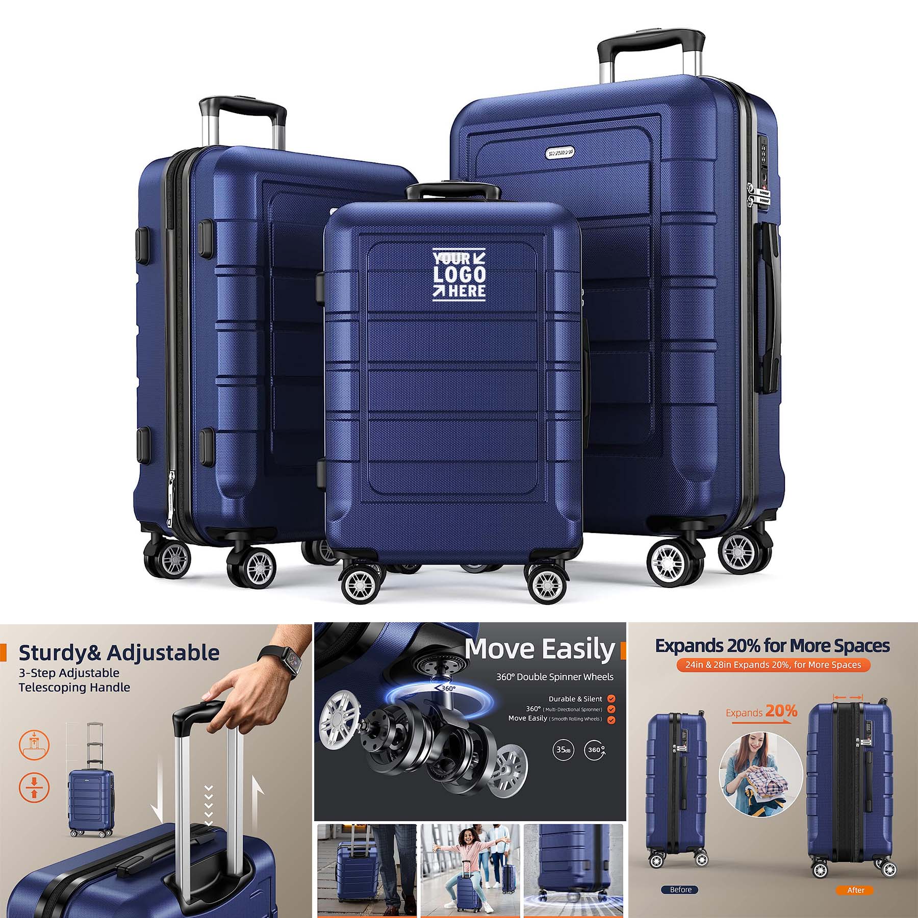3Pcs Clearance Expandable PC ABS 20Inch Travel Lightweight Suitcases