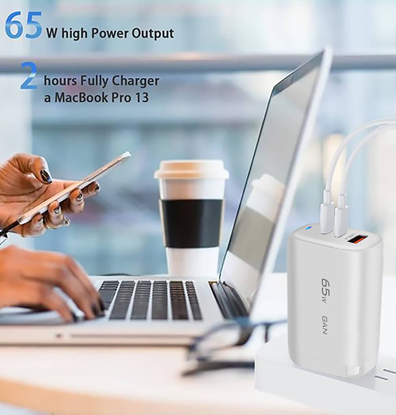 65W Gallium Nitride Charger, Dual C + A Charging Head 1