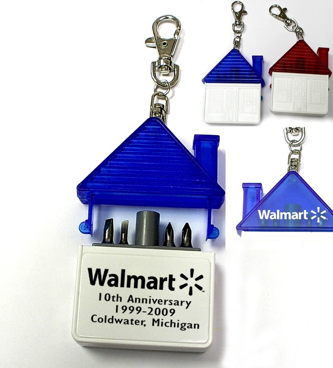 House shaped tool kit with 4 steel bits and keychain