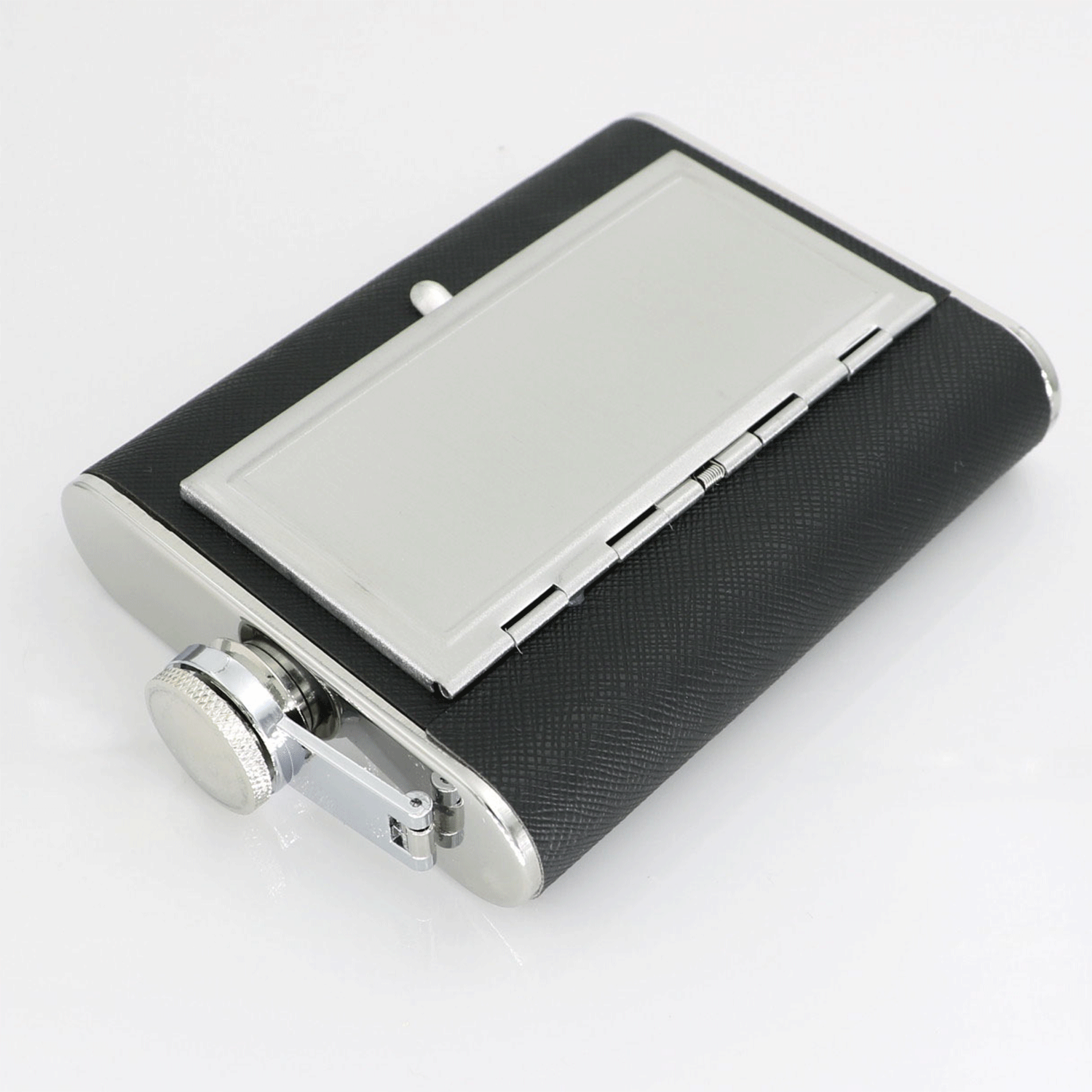 5oz black pu Whiskey Flask w/ bulid-in cigarette case 6