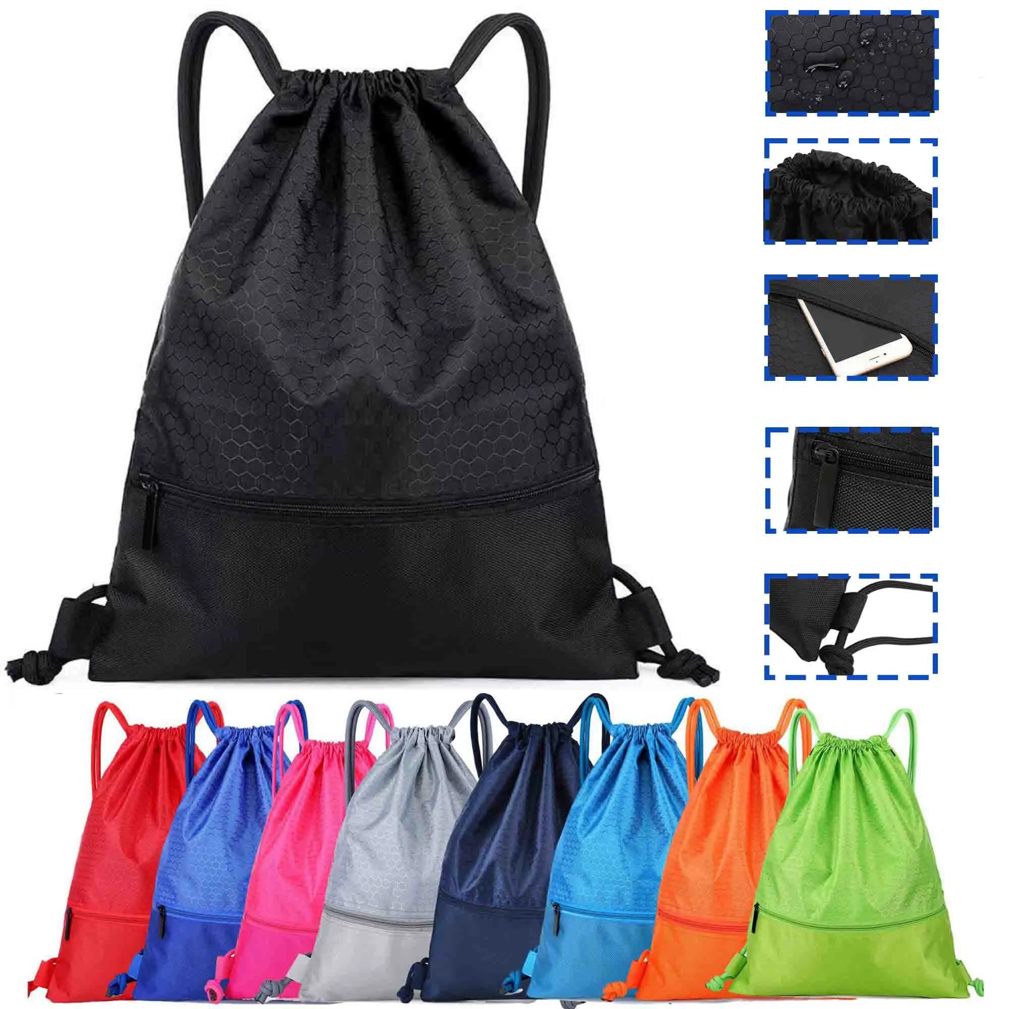 Pocketed Waterproof Drawstring Backpack W/ Zipper 6