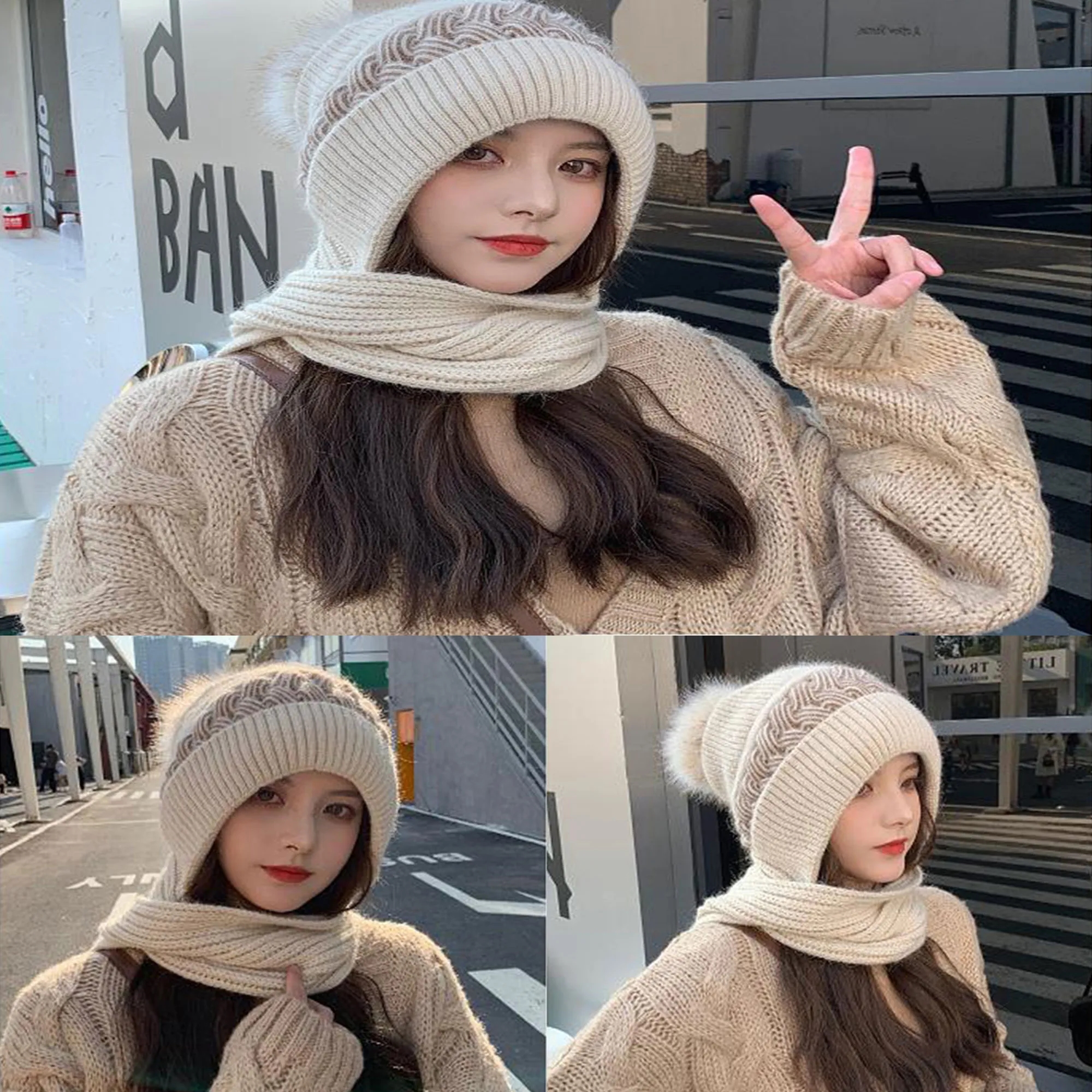 Warm Knitted Women Winter Hat With Scarf Pom-Pom 2