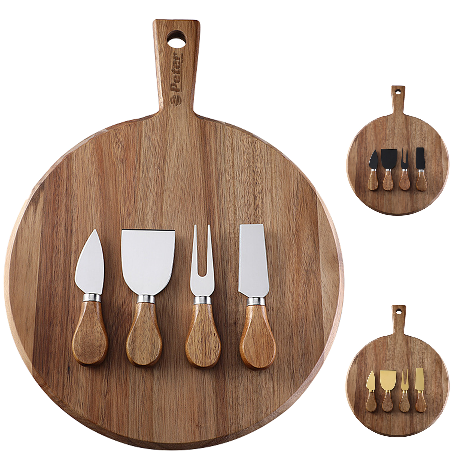 Wood Round Cheese Board Set W/ 4 Stainless Steel Knives 3