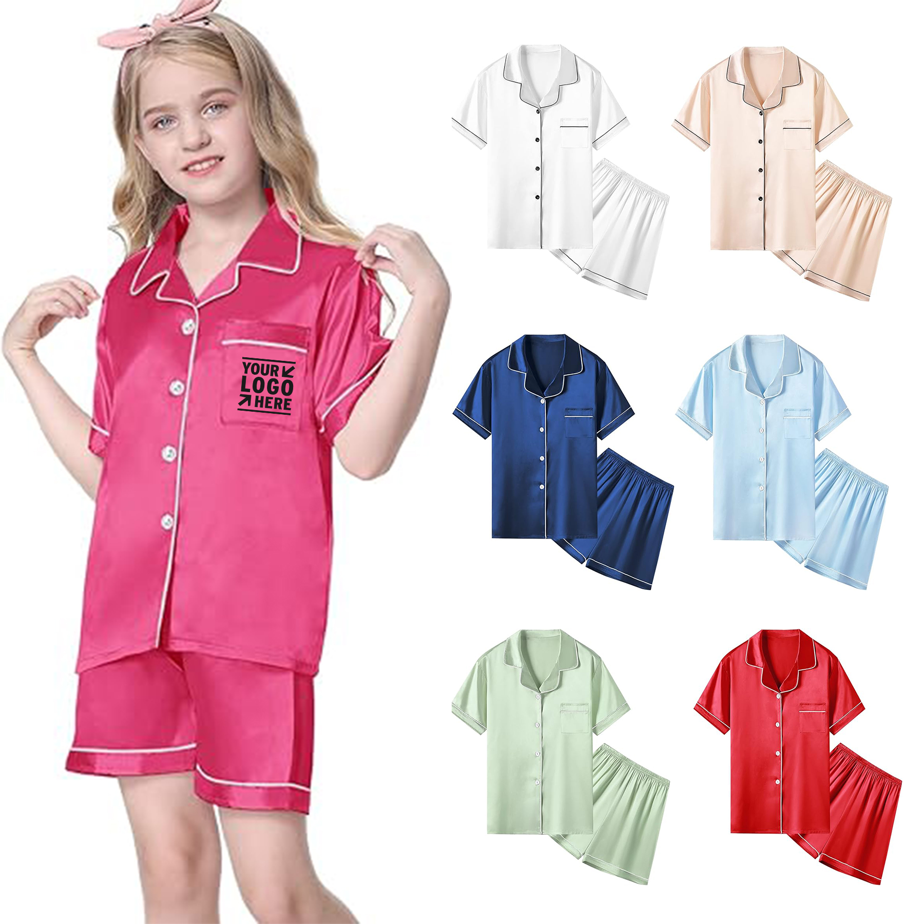 2 Piece Women Girls Satin Pajamas Set Soft Silk Button Down Sleepwear  1