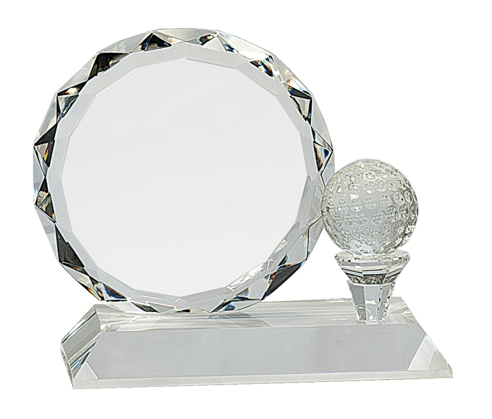 5 1/4" Round Facet Crystal Award w/Golf Ball On Pedestal Base 2