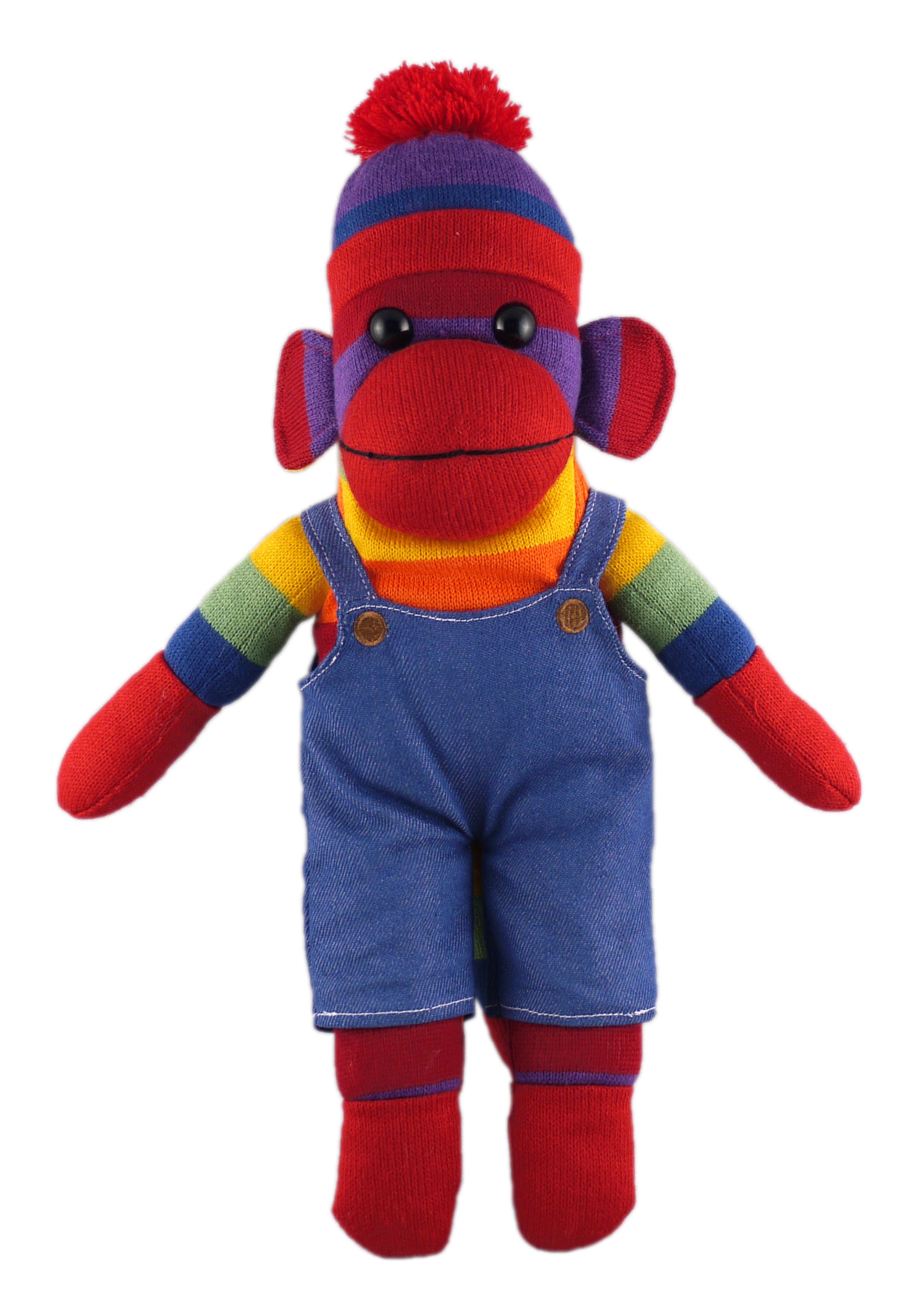 Rainbow Sock Monkey (Plush) in denim overall.