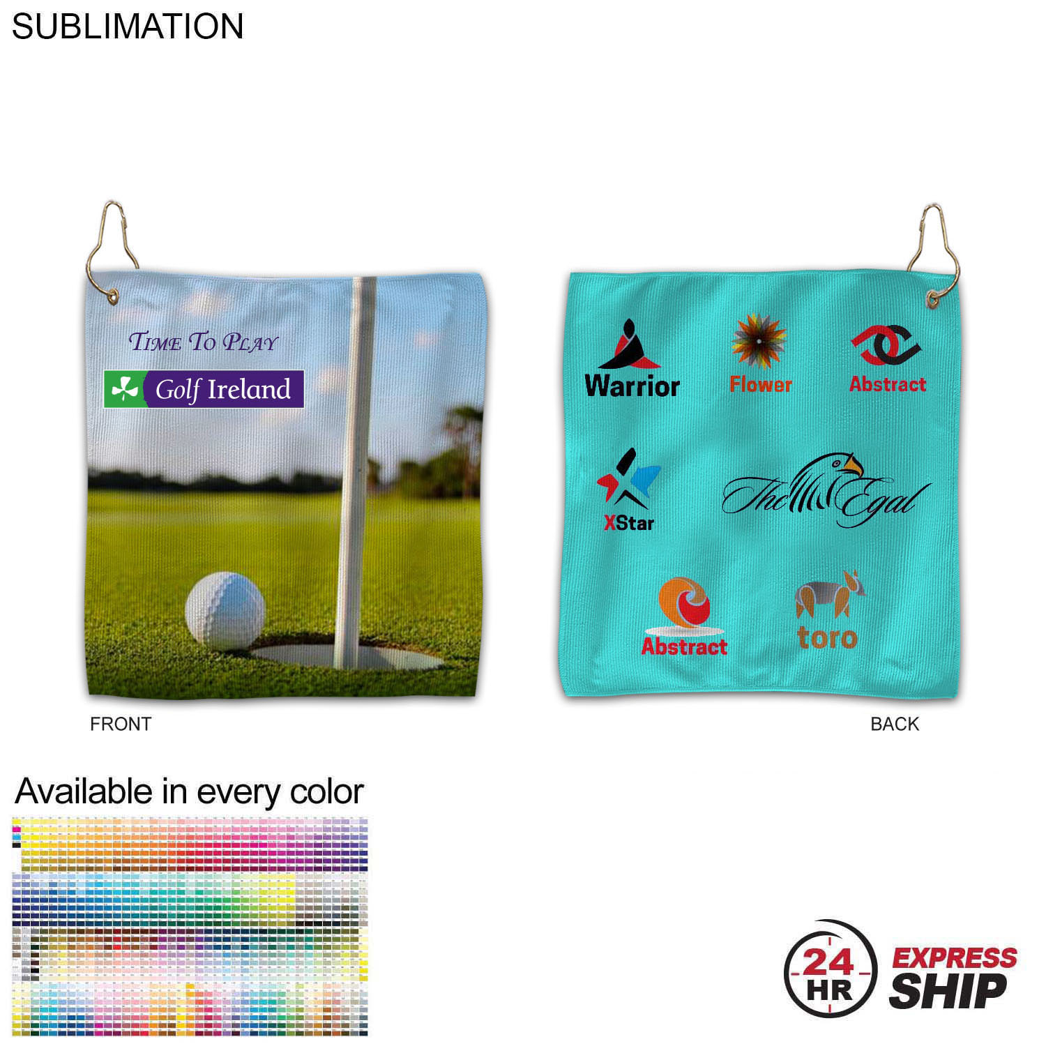 24Hr Express Ship - Colored Microfiber Dri-Lite Terry Golf Towel, 12x12, Nofold, Sublimated 2 sides 6