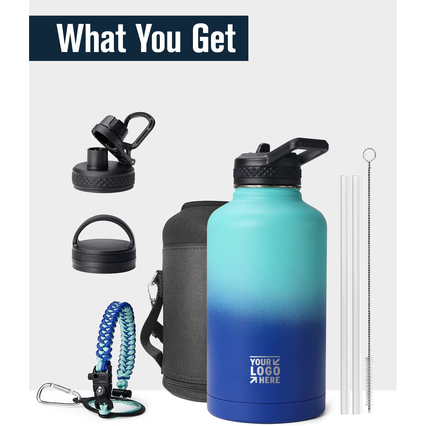 Water Bottle Insulated with Paracord Handle & 3 Lids, 64oz Water Jug Big Large Metal Stainless Steel 3