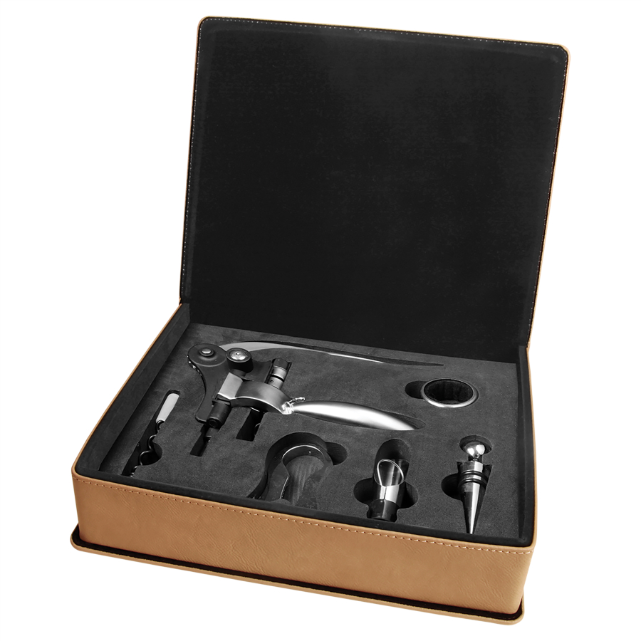 Light Brown Leatherette 5-Piece Wine Tool Gift Set 2