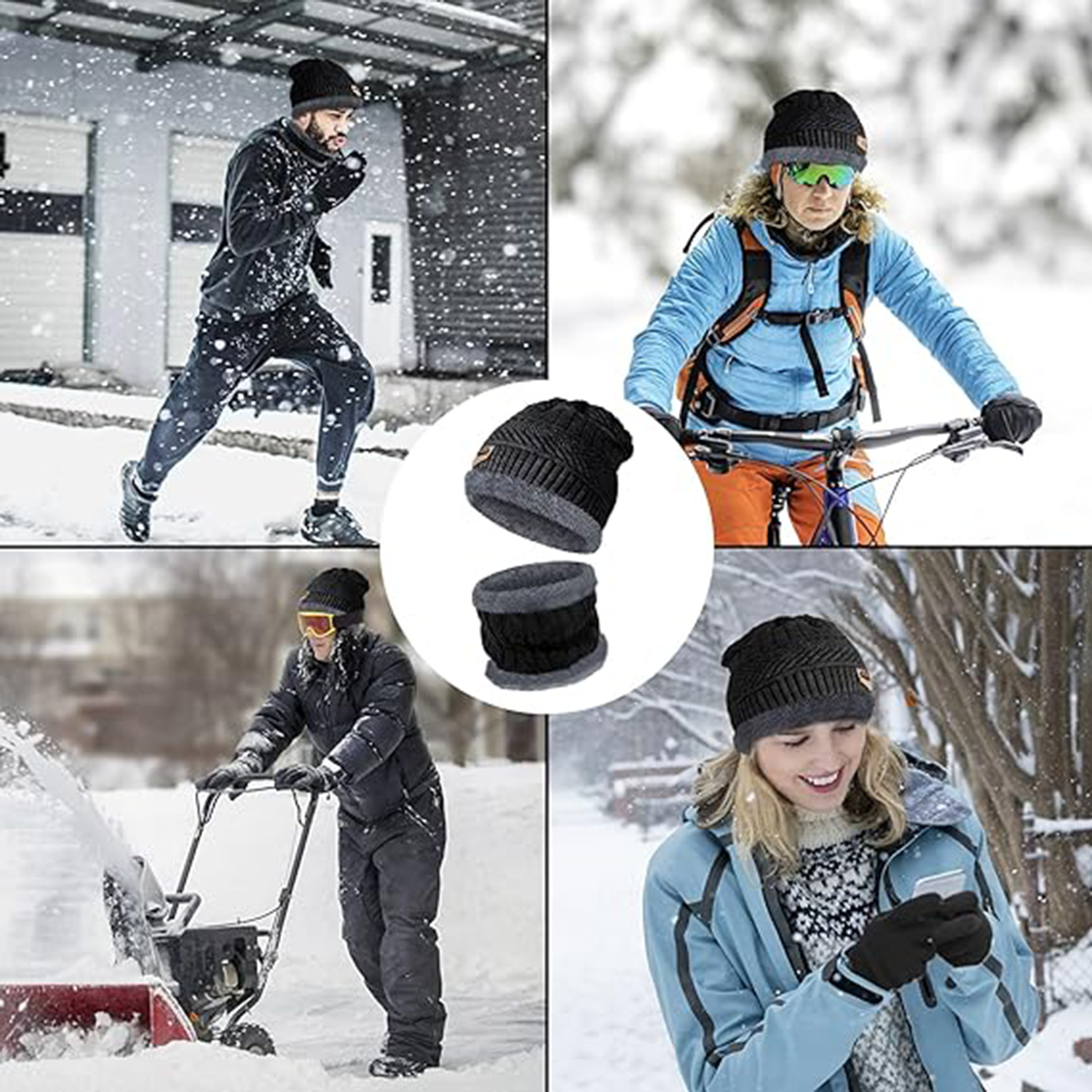 Mens Womens Winter Knit Thick Fleece Hats Scarf Set 7