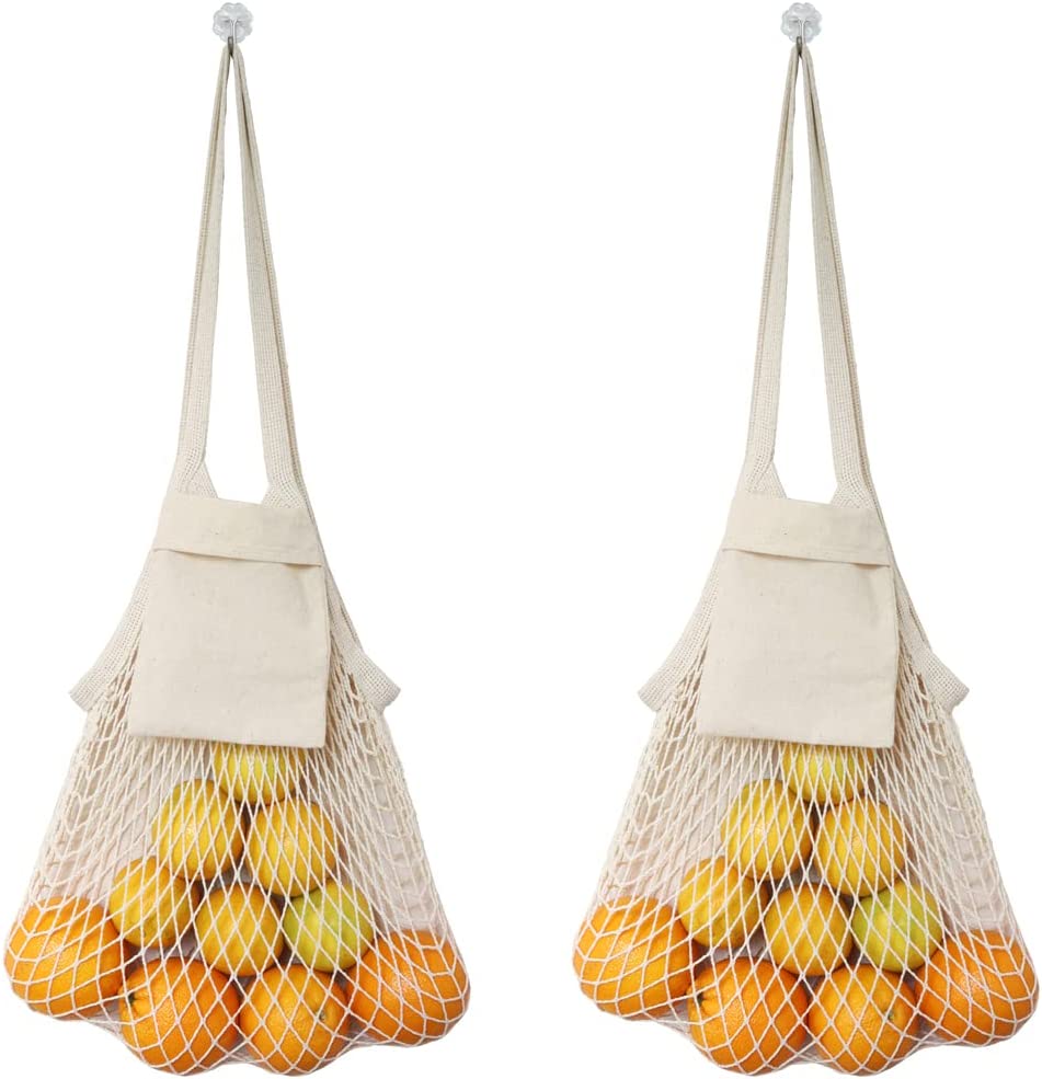Vegetable Kitchen Cotton Net Bag w/Long Handle String & Pocket 18