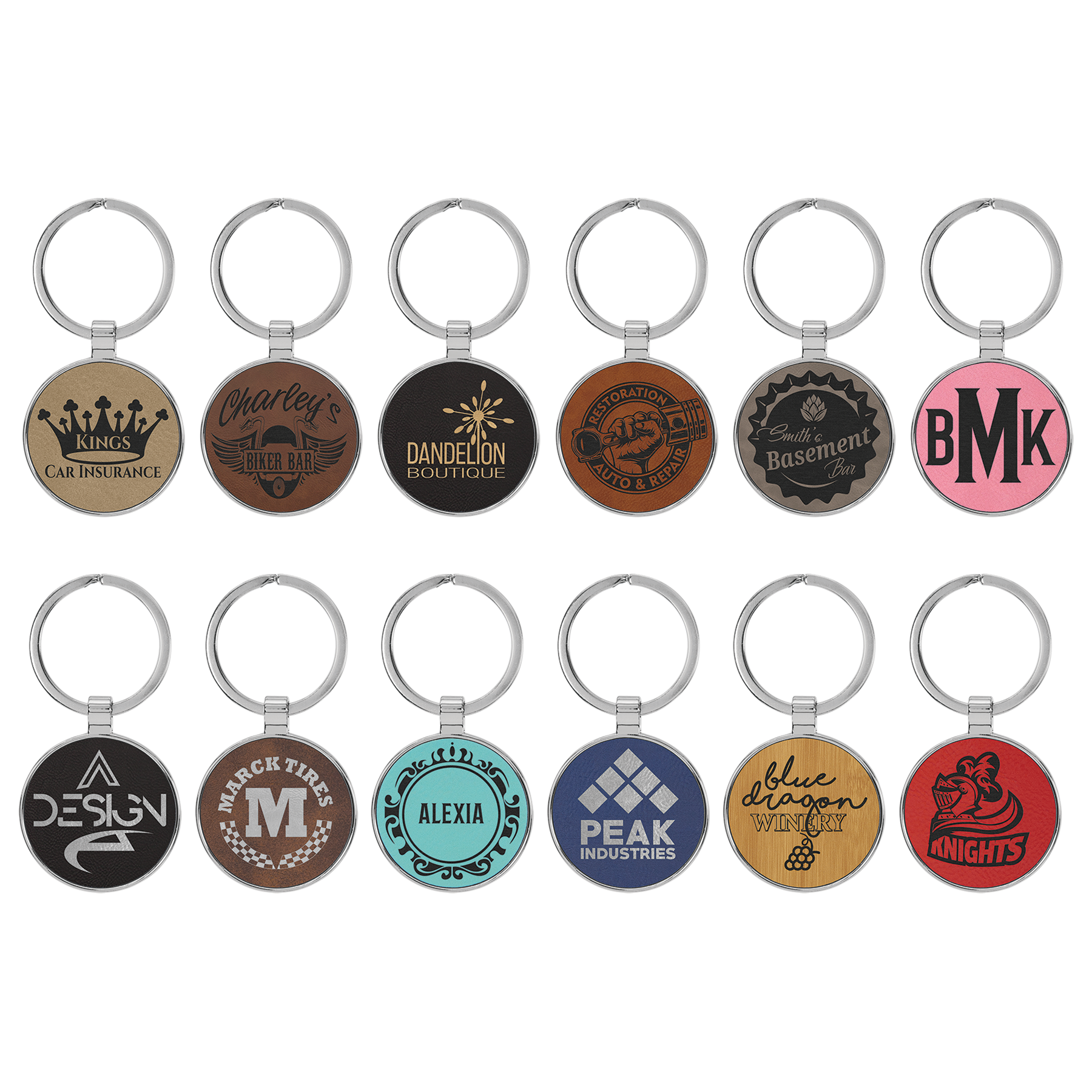 1 1/2" Leatherette/Metal Light Brown Round Keychain 2
