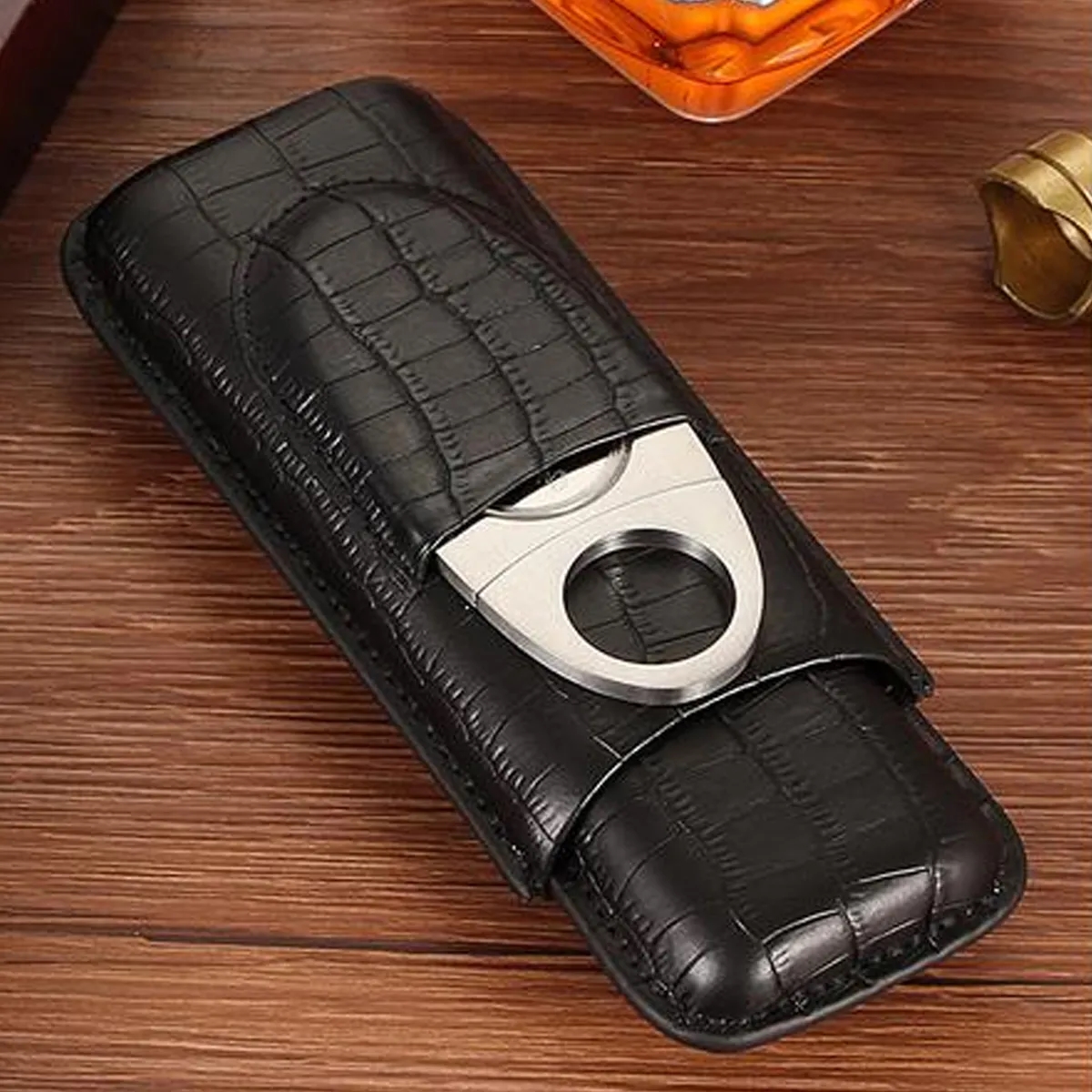 Travel Leather Cigar Case With Cutter Gift Set 3