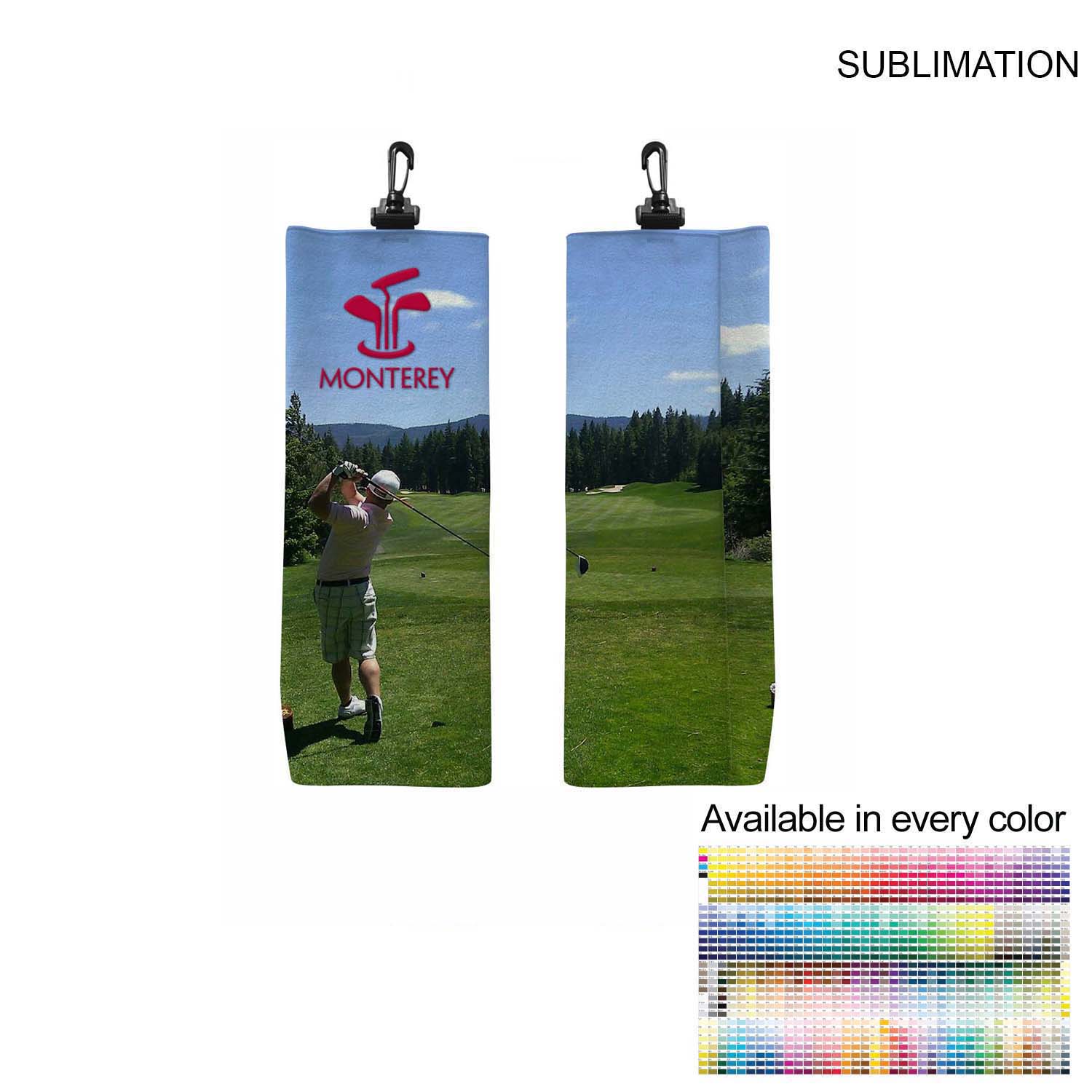 Microfiber Suede Shammy Golf Towel, Finished size 6x15, Trifold with Black Swivel Hook, Sublimated 3