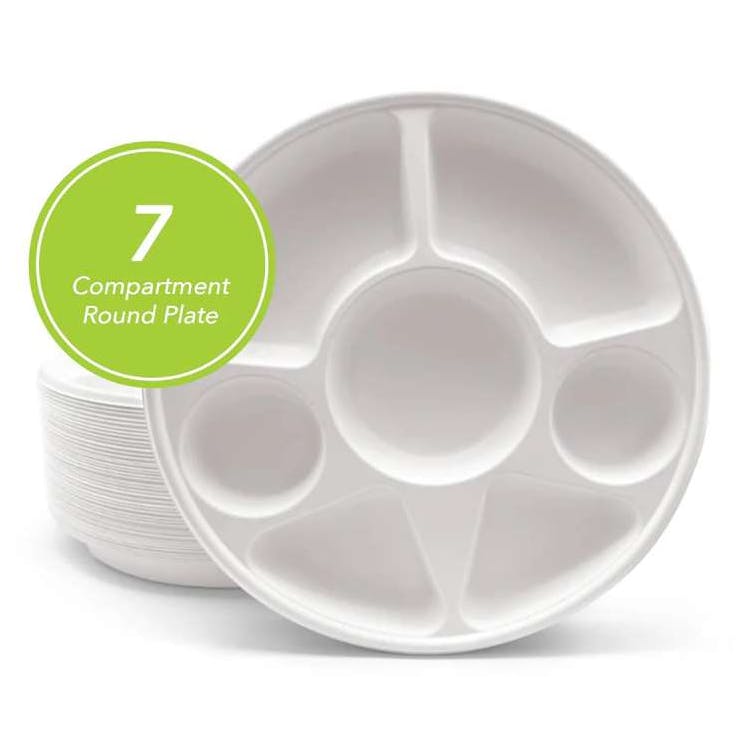 Three Leaf 13" 7 Compartment Bagasse Round Plates 50 Pack 2