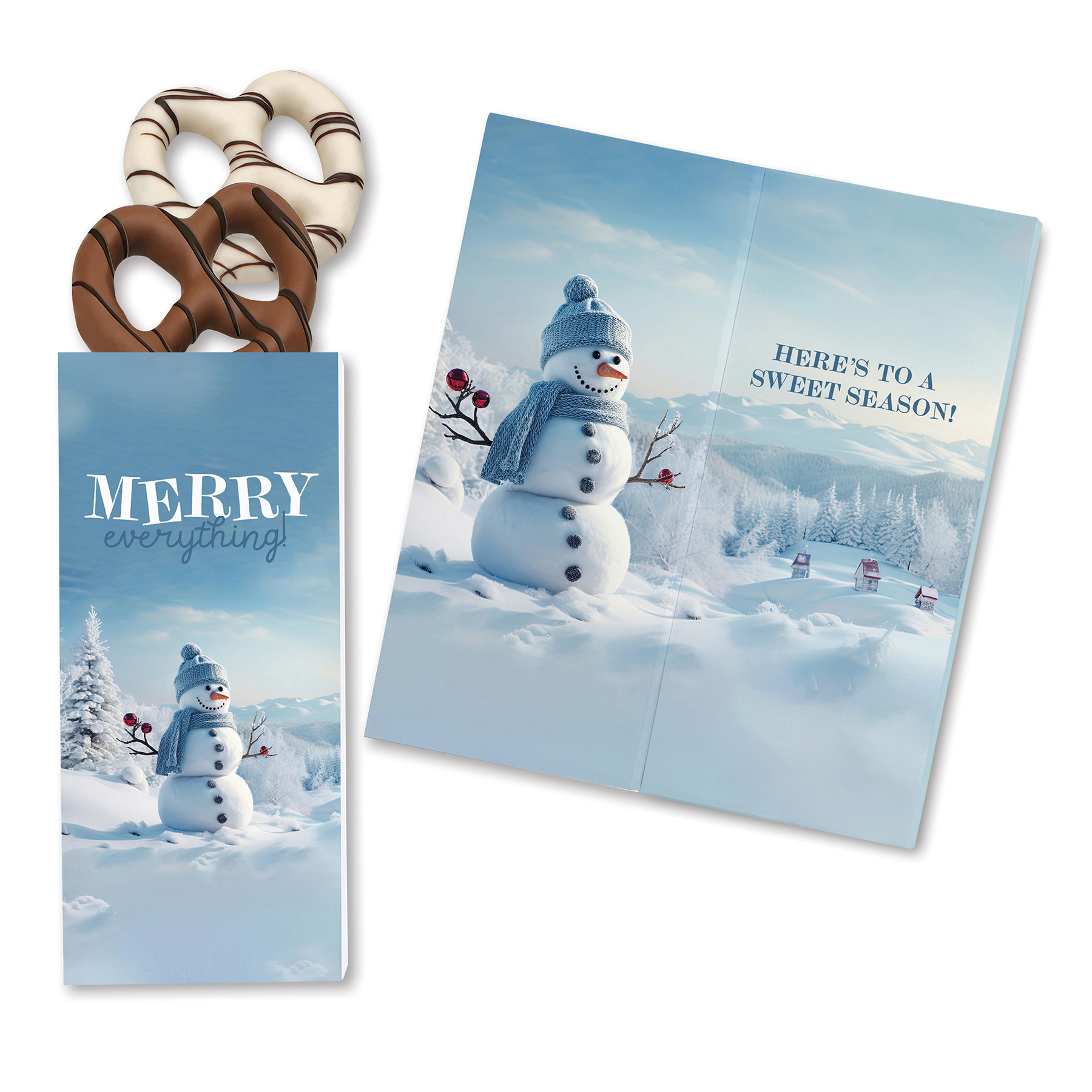 One Color Foil-Stamped Stock Snowman Sweeter Cards with Chocolate Dipped Pretzels 3