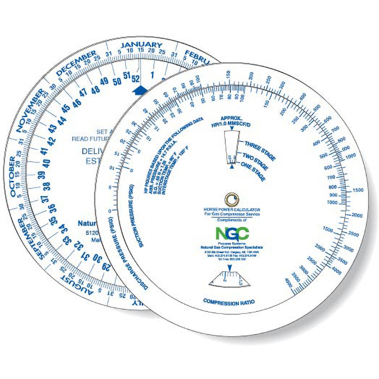 Wheel Calculator for Horsepower/ Gas Compression/ Date Finder, Custom Spot Colour Imprint 1