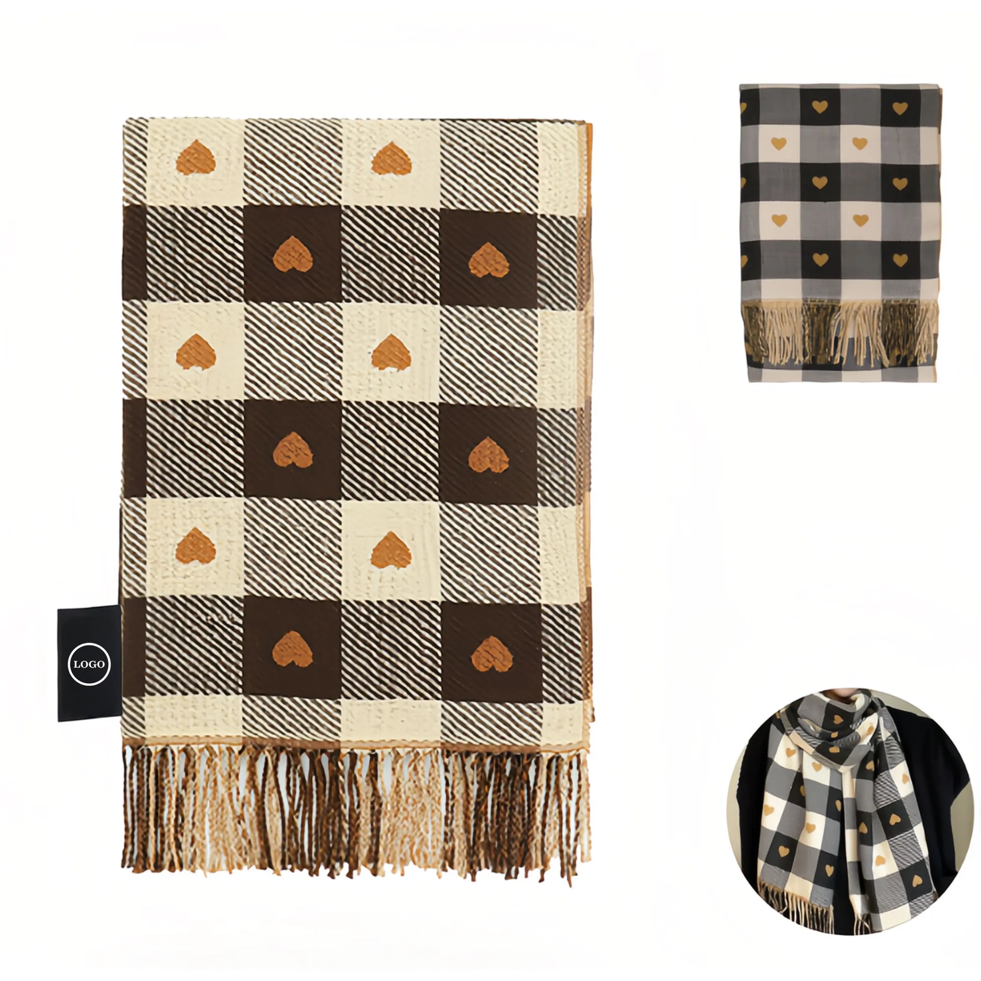 Double-Sided Faux Cashmere Heart Plaid Scarf 6