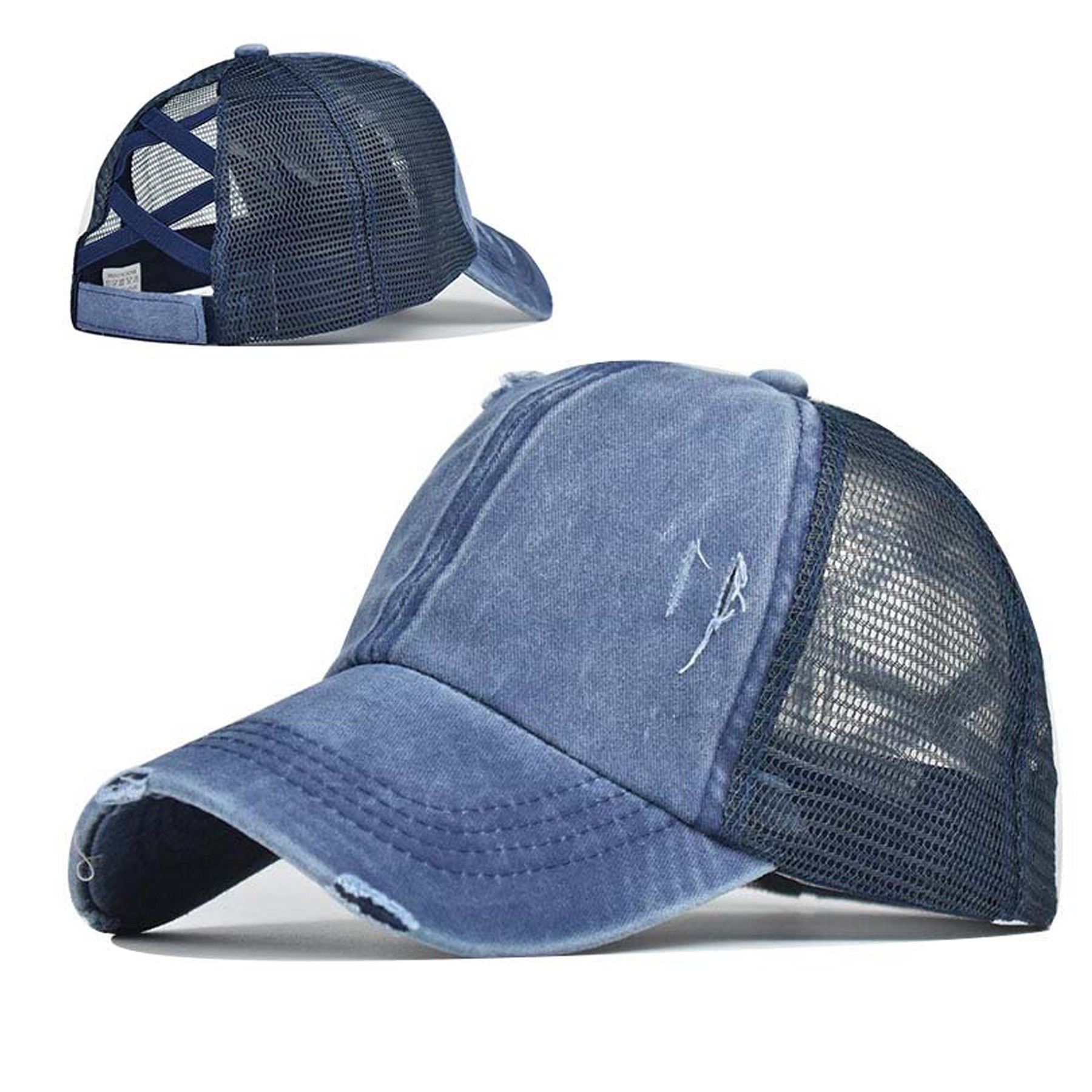 Washed Denim Criss Cross Ponytail Trucker Cap 9