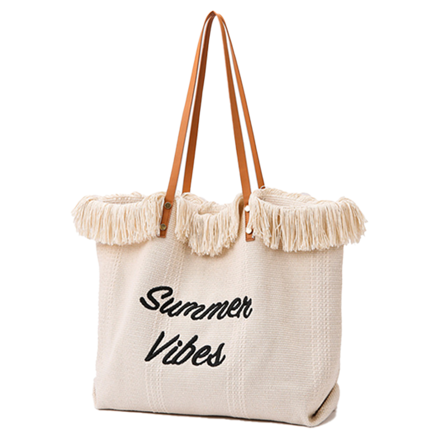 Women Large Beach Canvas Tote Bag Summer Vibes Tassel 11