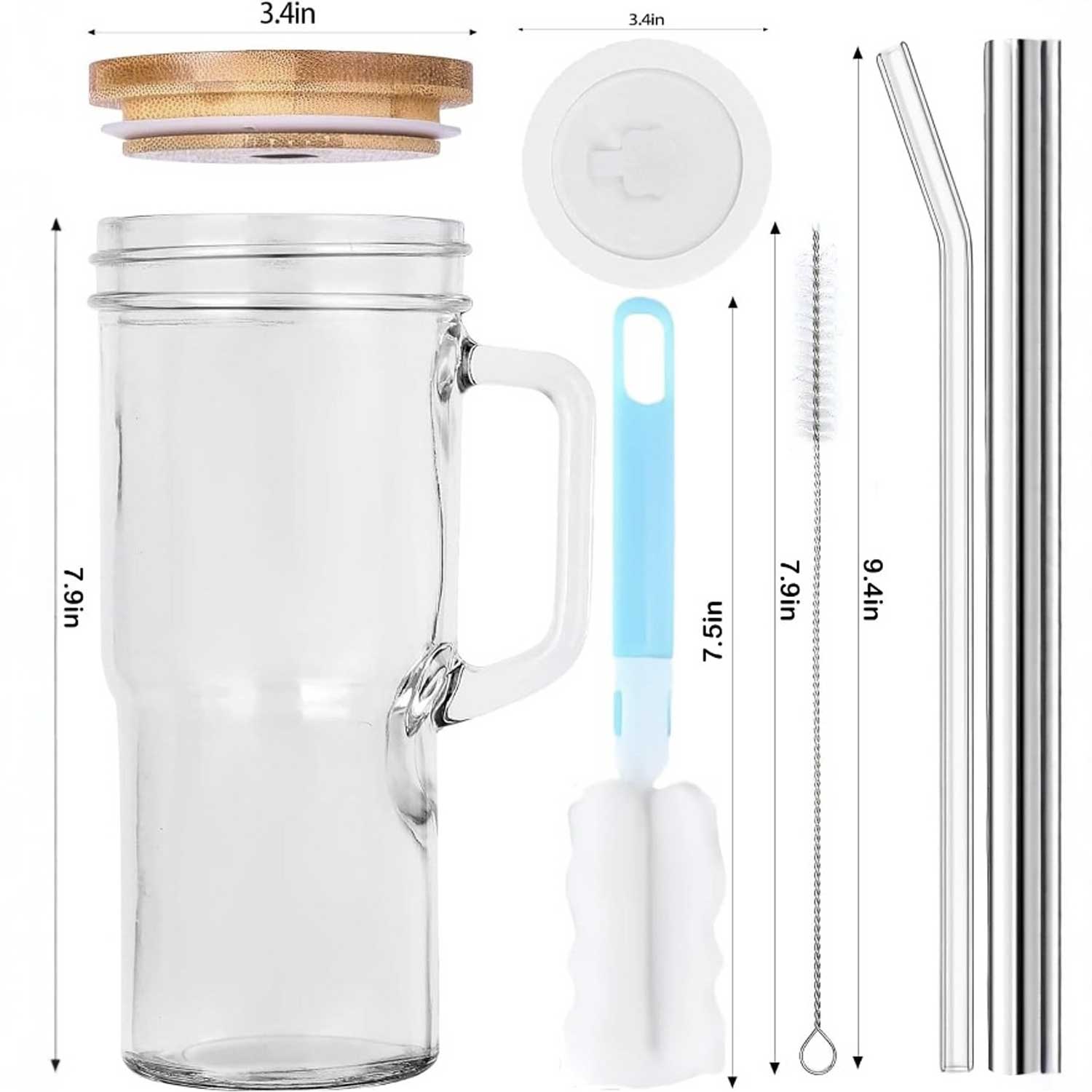 Bamboo-Lid Mason Jar - Glass Cup w/ Straw & Brush Set 6