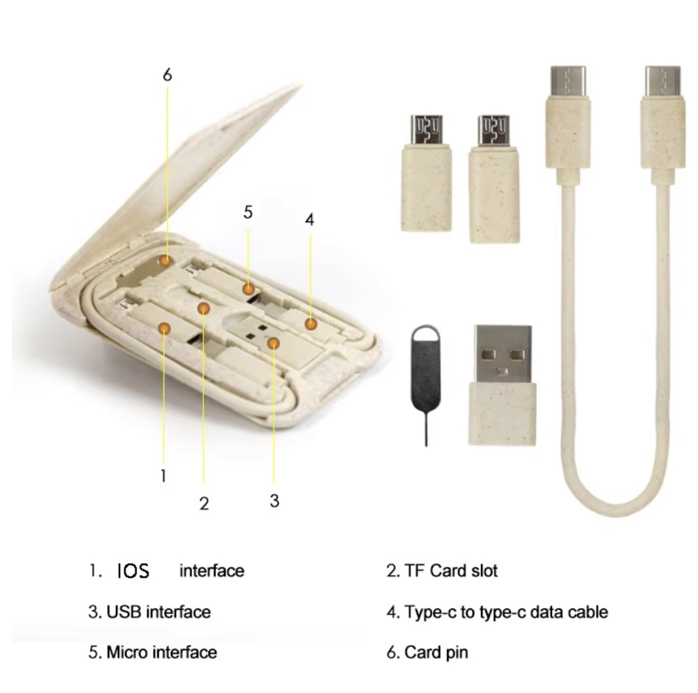 Wheat Straw 6 In 1 Charging Usb Cable Organizer Cable Set 3