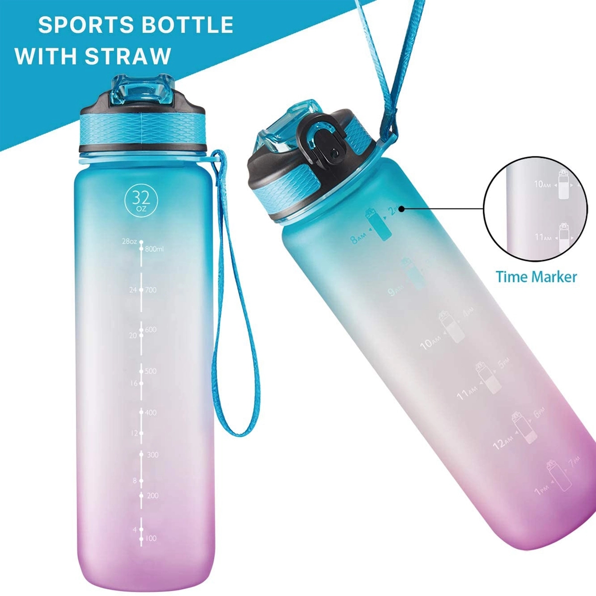 32 oz Water Bottle with Time Marker & Straw 2