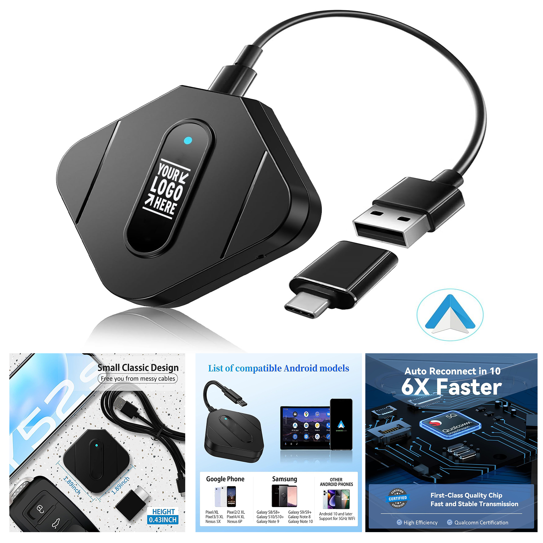 Mini Android Auto Dongle Lag-Free Convert Wired Wireless 5GHz WiFi Bluetooth Seamlessly Adapter