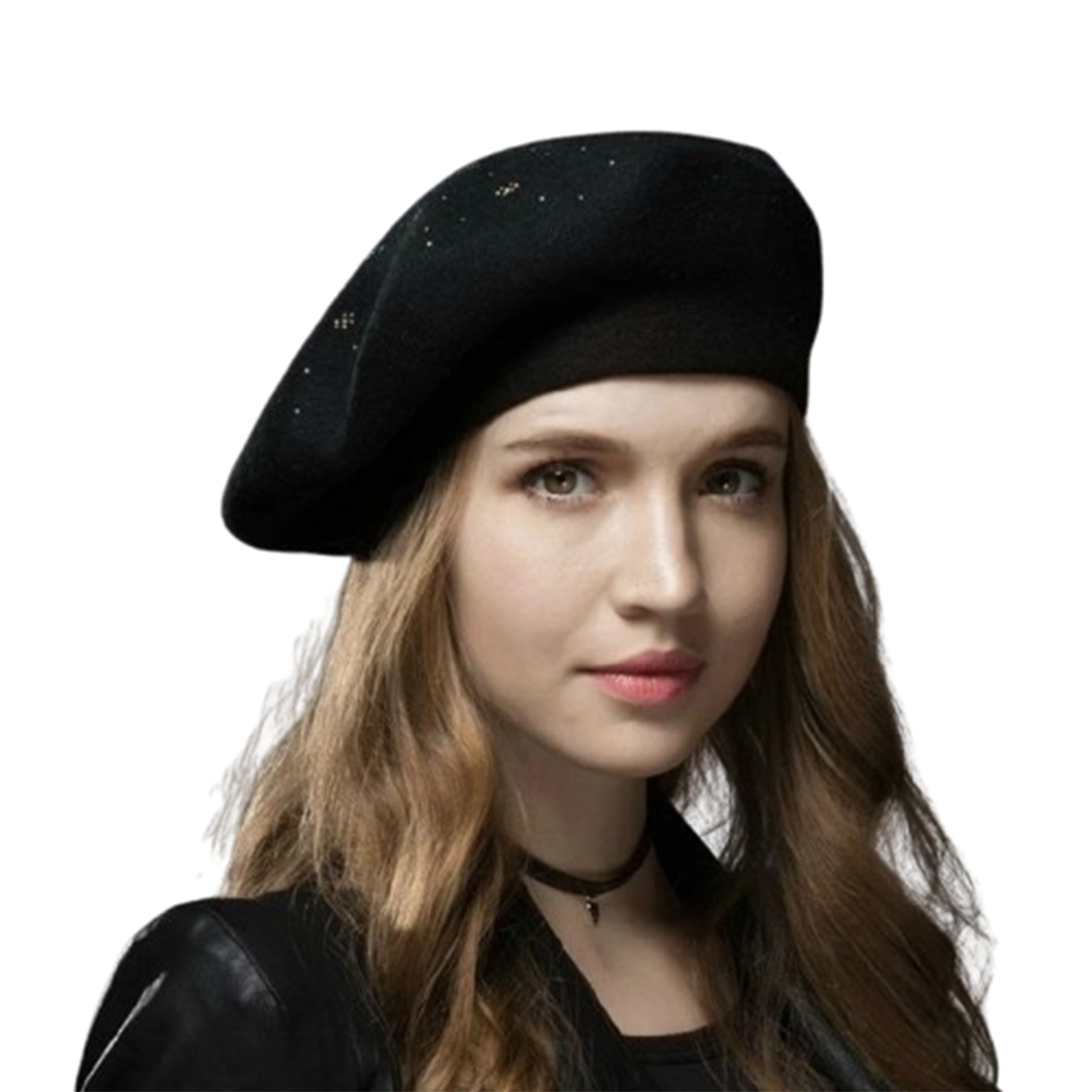 Round Crown Wool Beret Hat w/ Rhinestone Detailing 7