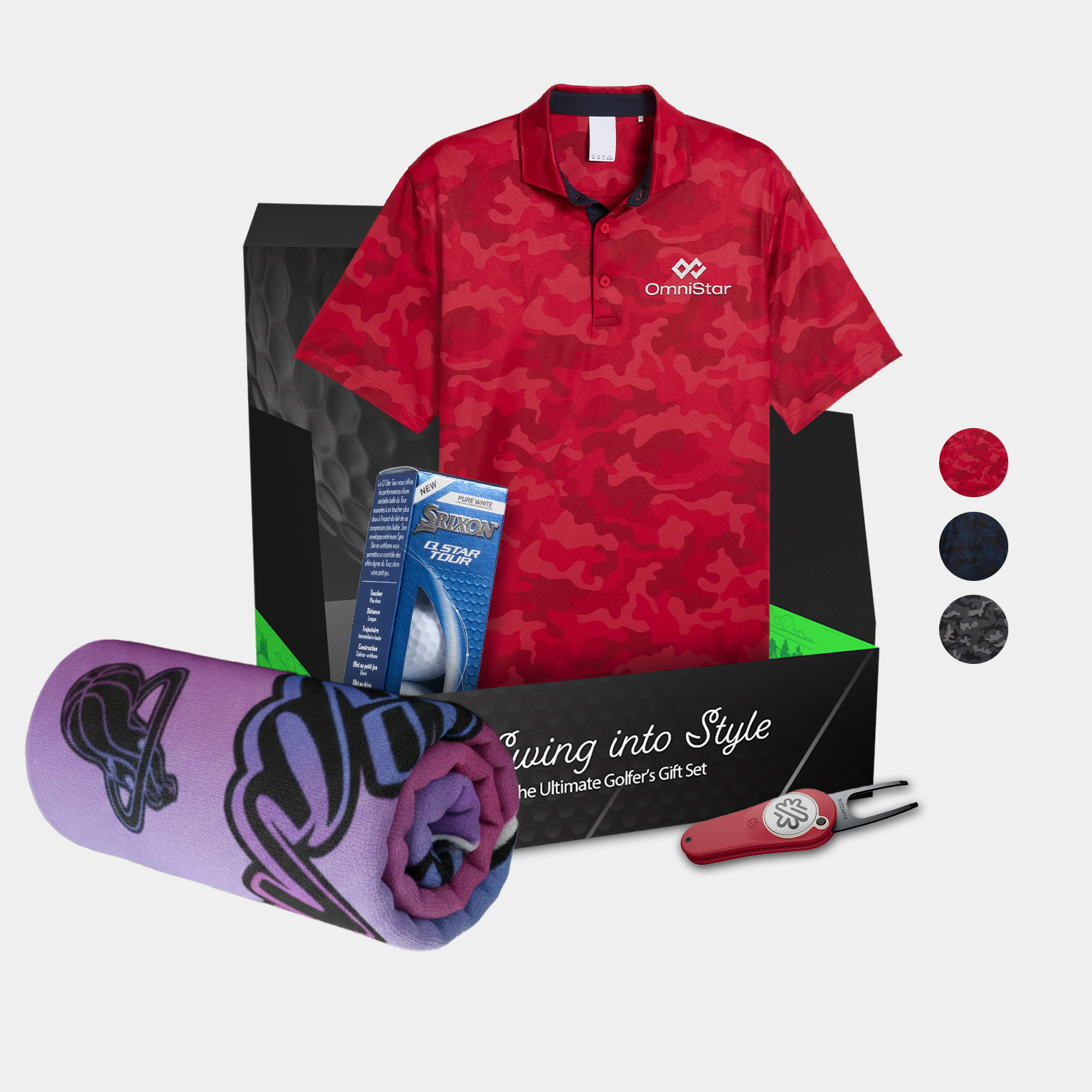 PUMA® Volition Camo Men's Polo Shirt, Towel, Srixon® Golf Balls & Pitchfix® Icon Divot Tool Gift Set 2