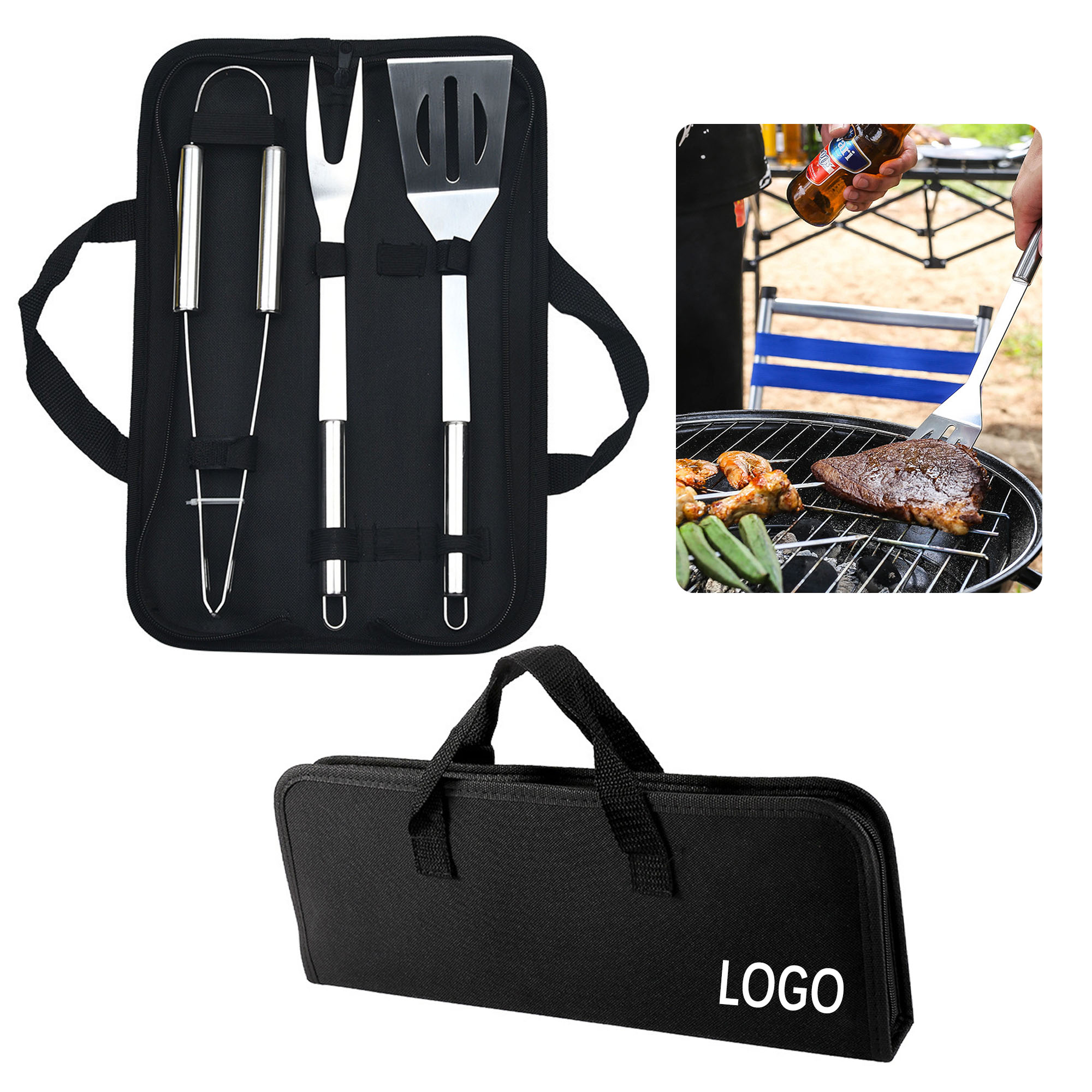 Stainless Steel 3 Piece BBQ Tool Set With Carry Bag 3