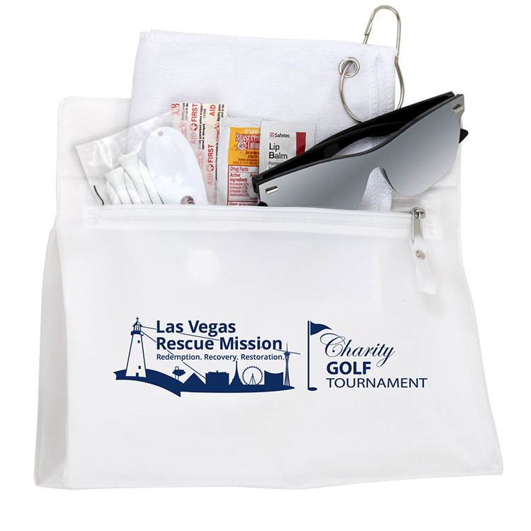 "LAYOVER" 16 Piece Golf Kit in Travel Pack with Components inserted into Zipper Kit 4