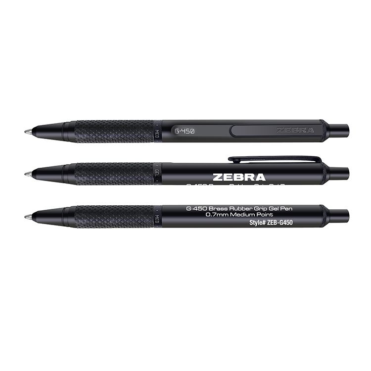 Zebra G-450 Black Brass Retractable Gel Pen with Rubber Grip & 0.7mm Medium Point
