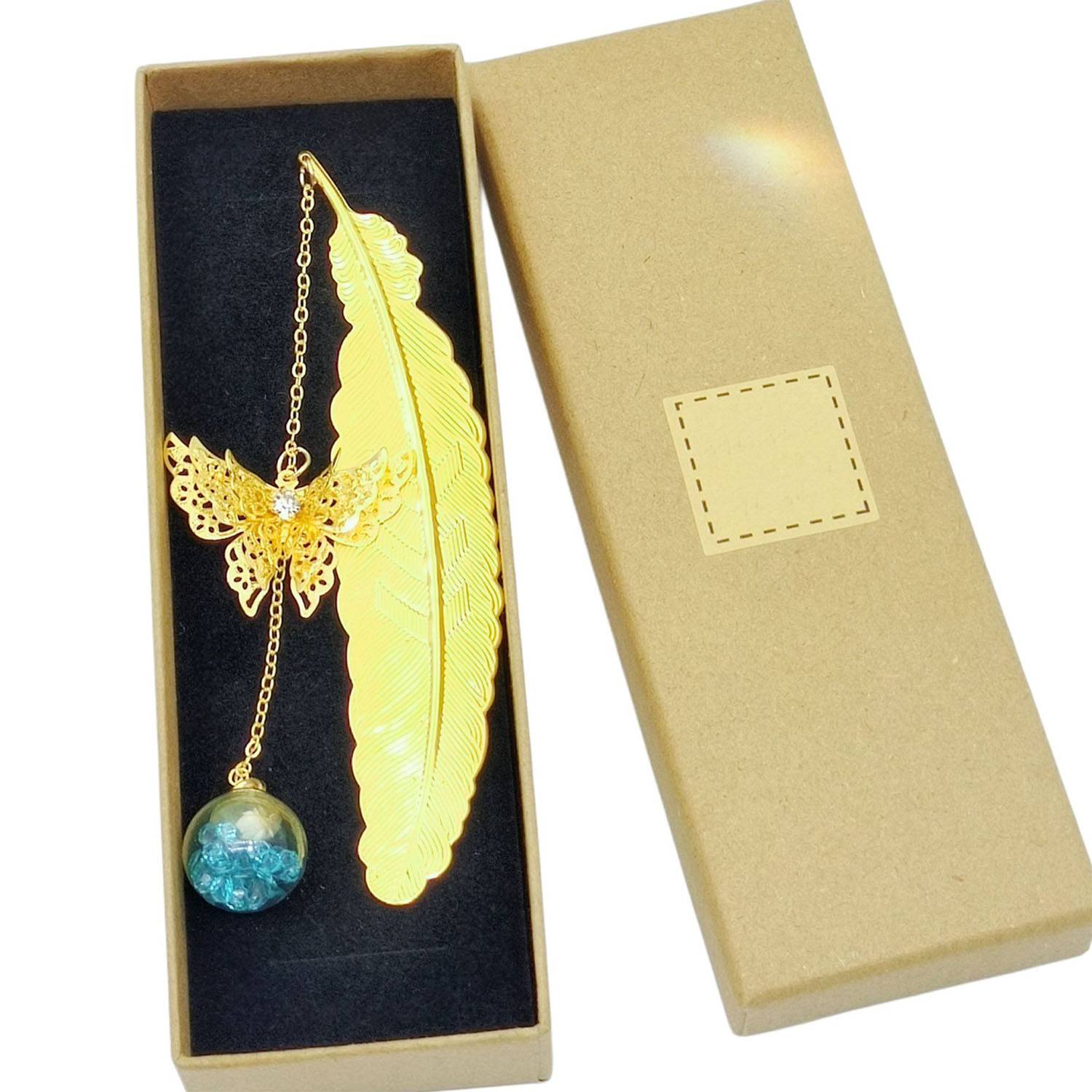 Metal Feather Bookmark w/ Butterfly and Glass Bead 6