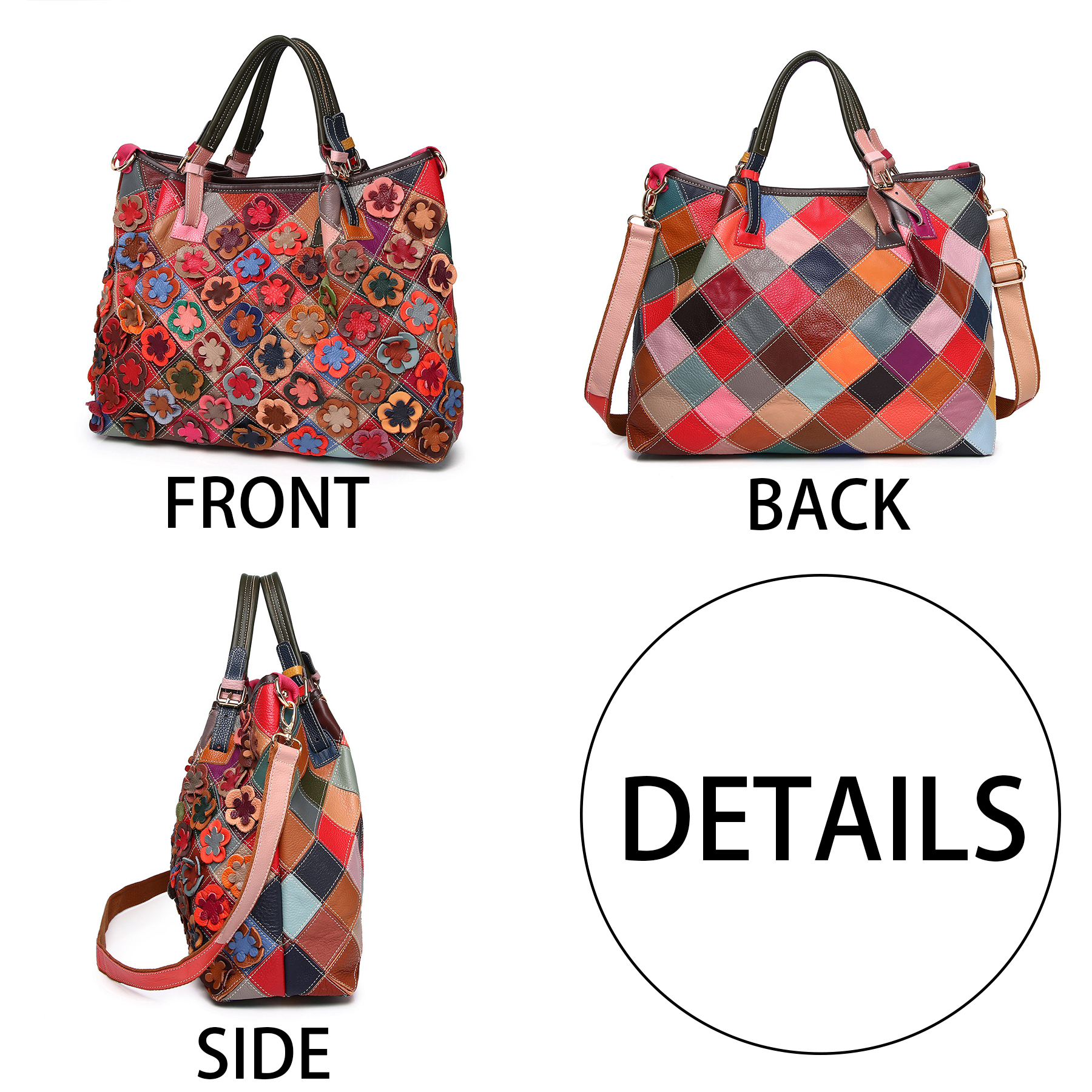 Genuine Leather Colorful flowers hand-paneled plaid tote bag 5