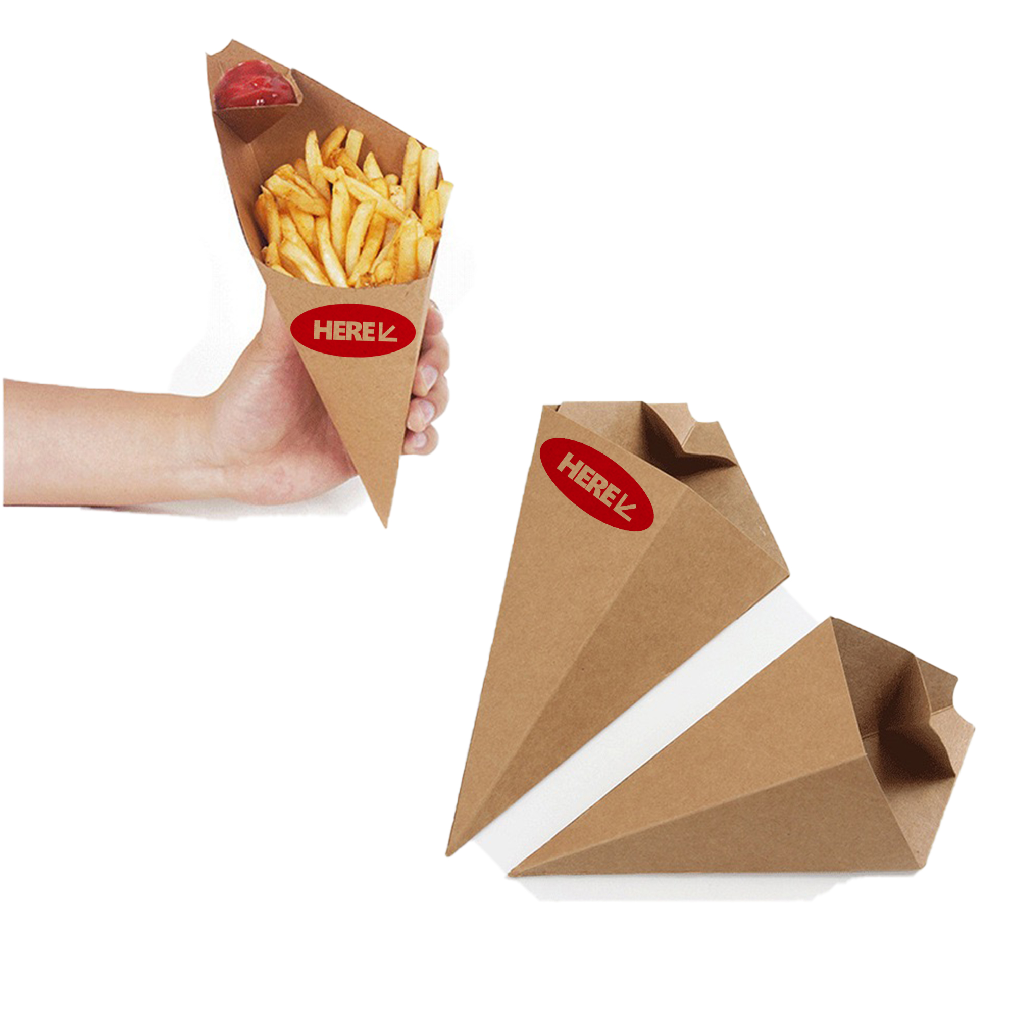 Cone-Shaped Kraft Paper French Fry Holder with Sauce Compartment 3
